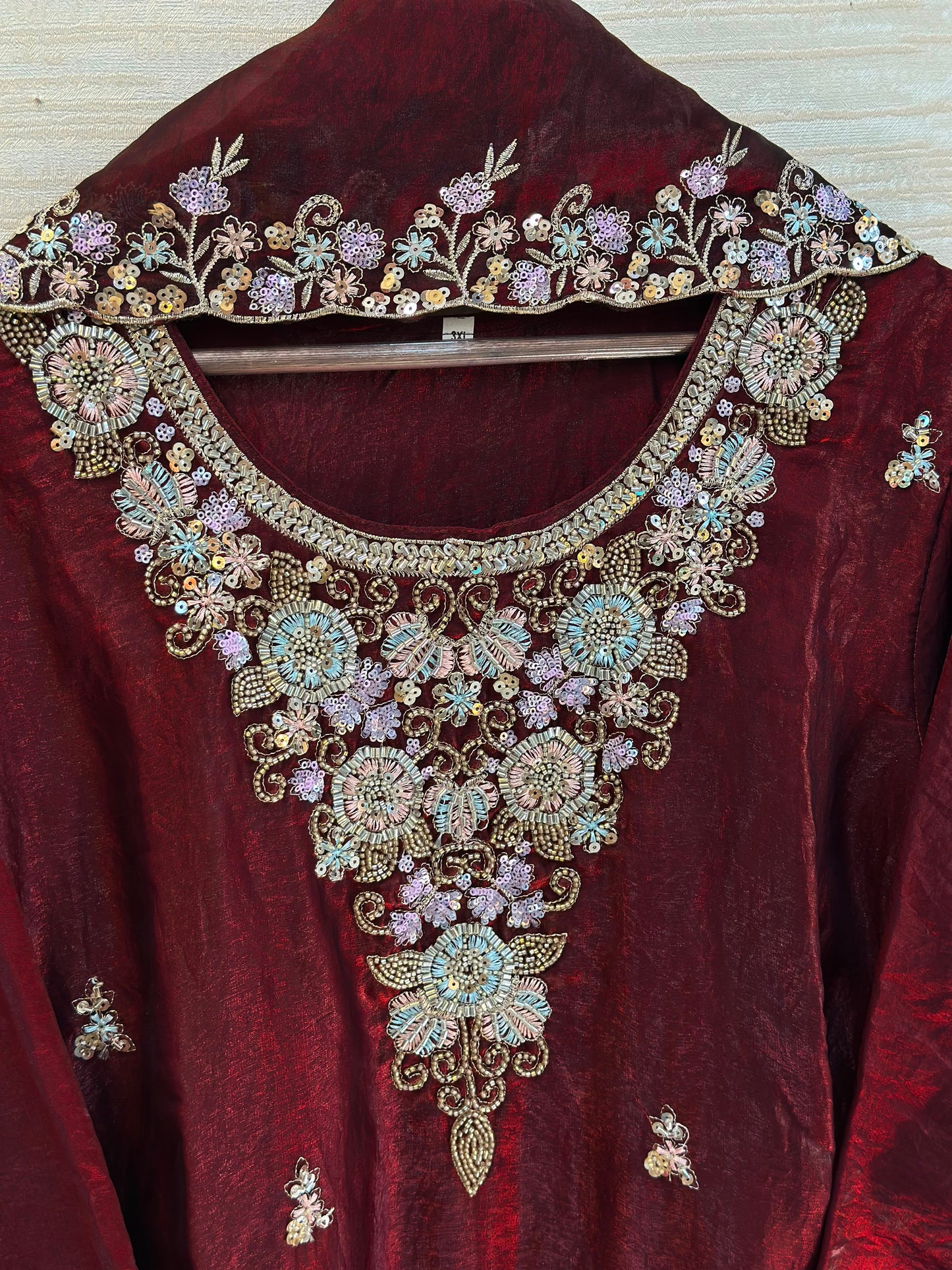 1204 Floral Hand-Work Partywear - Wine Red