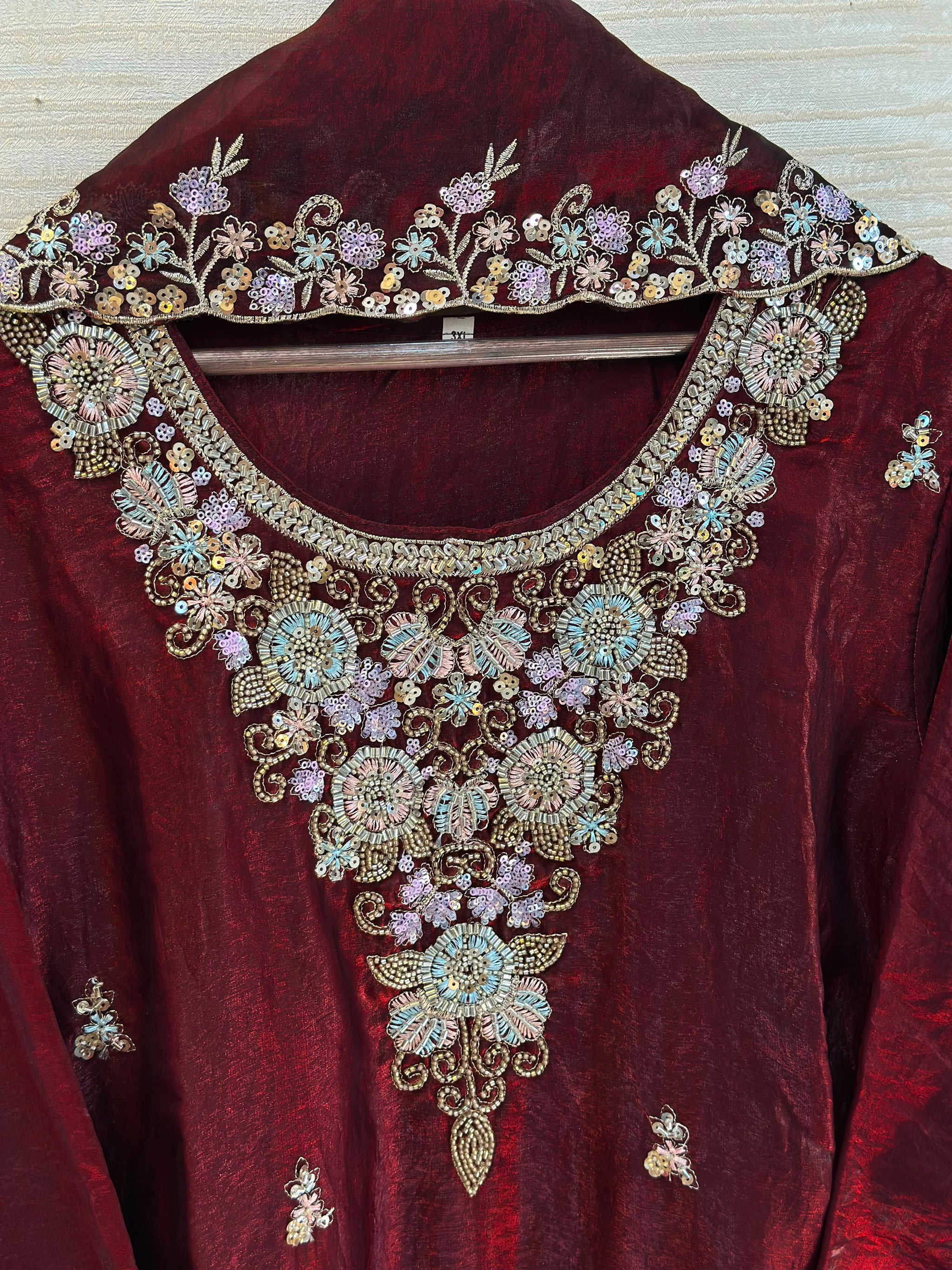 1204 Floral Hand-Work Partywear - Wine Red