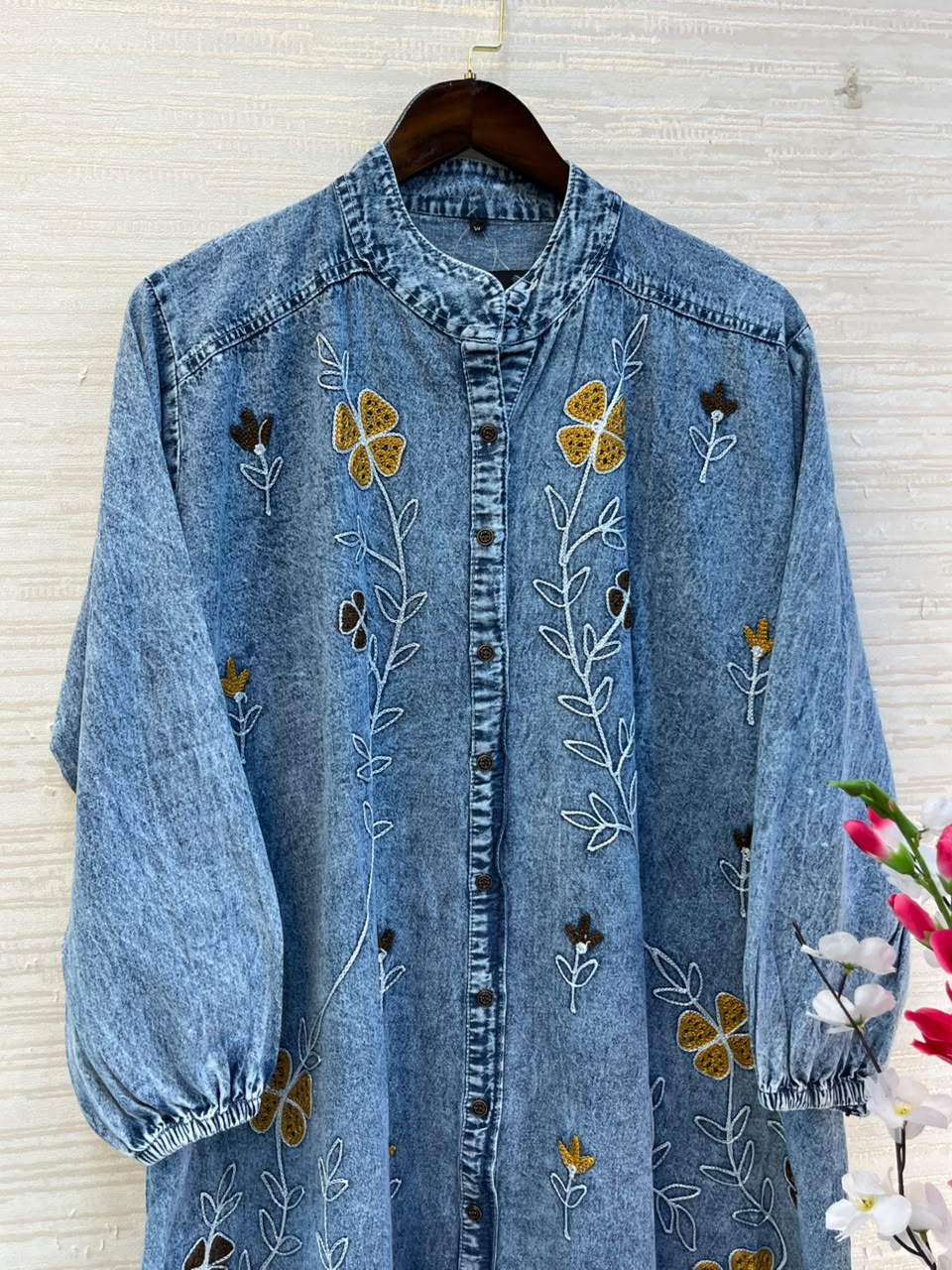 1193 Embroidered Denim Gown - Blue
