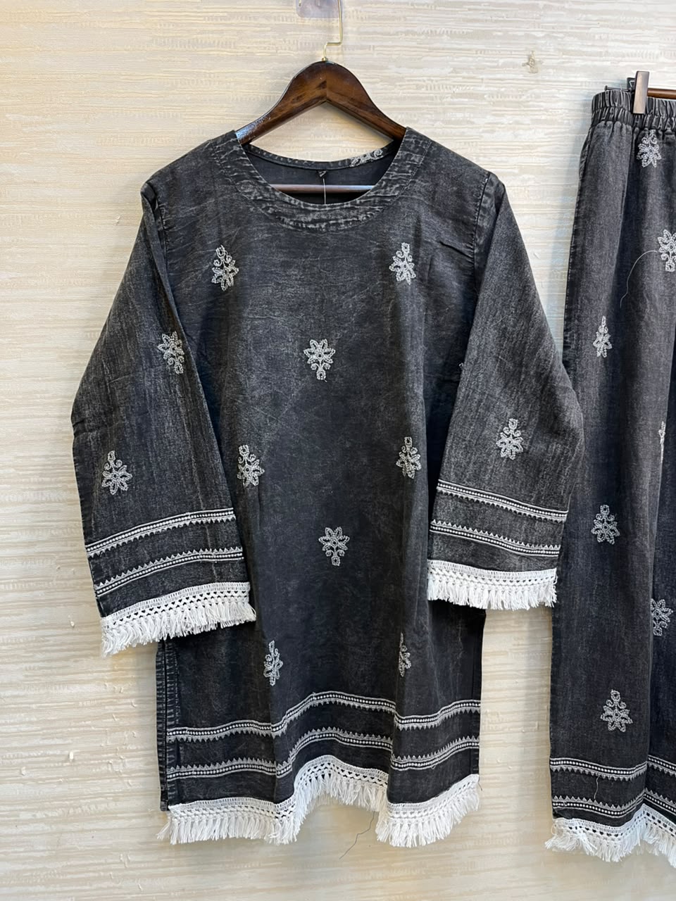1189 Embroidered Denim Coordset - Charcoal Grey