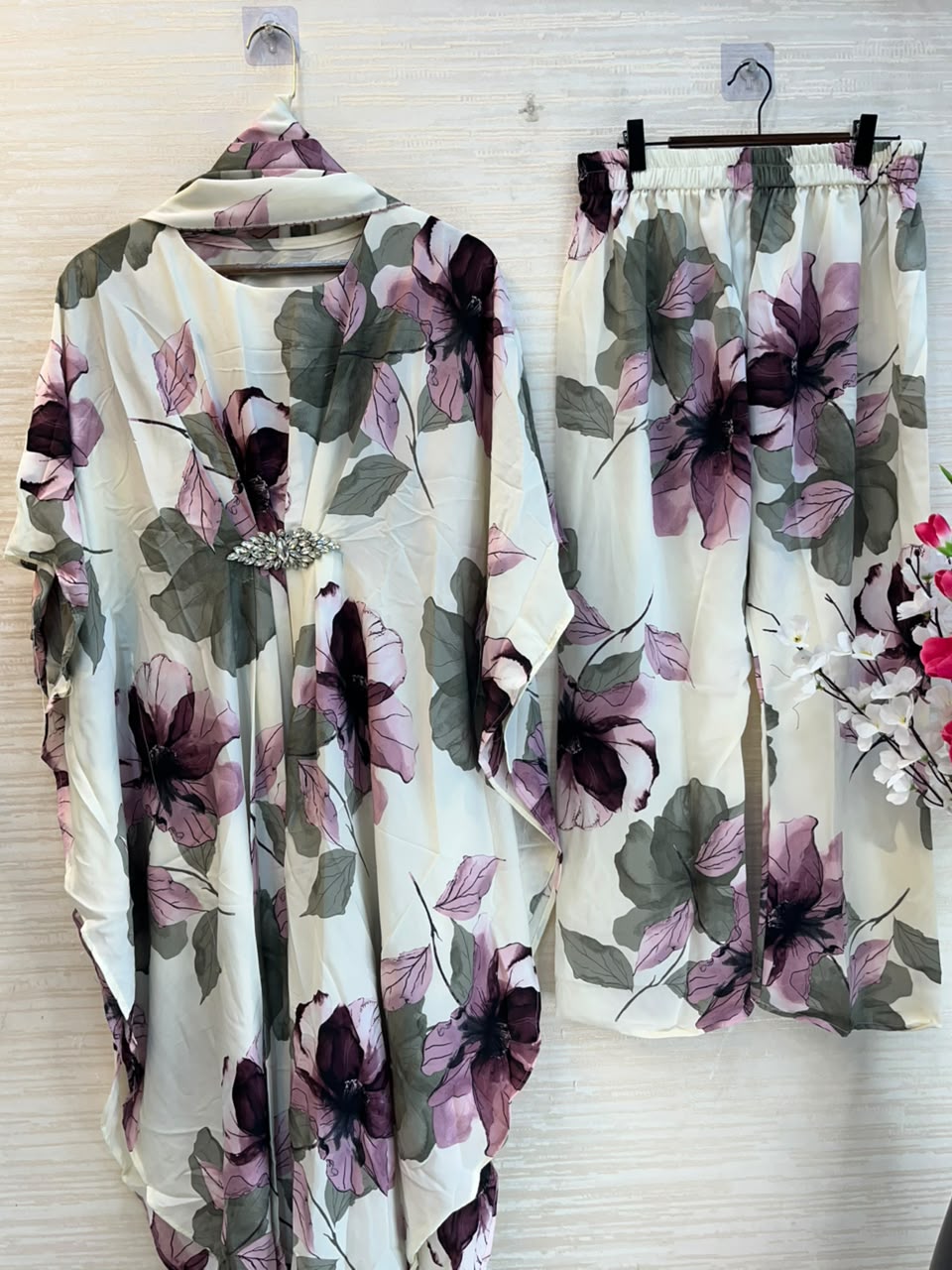 1099 Floral Kaftan Coord Set - Ivory