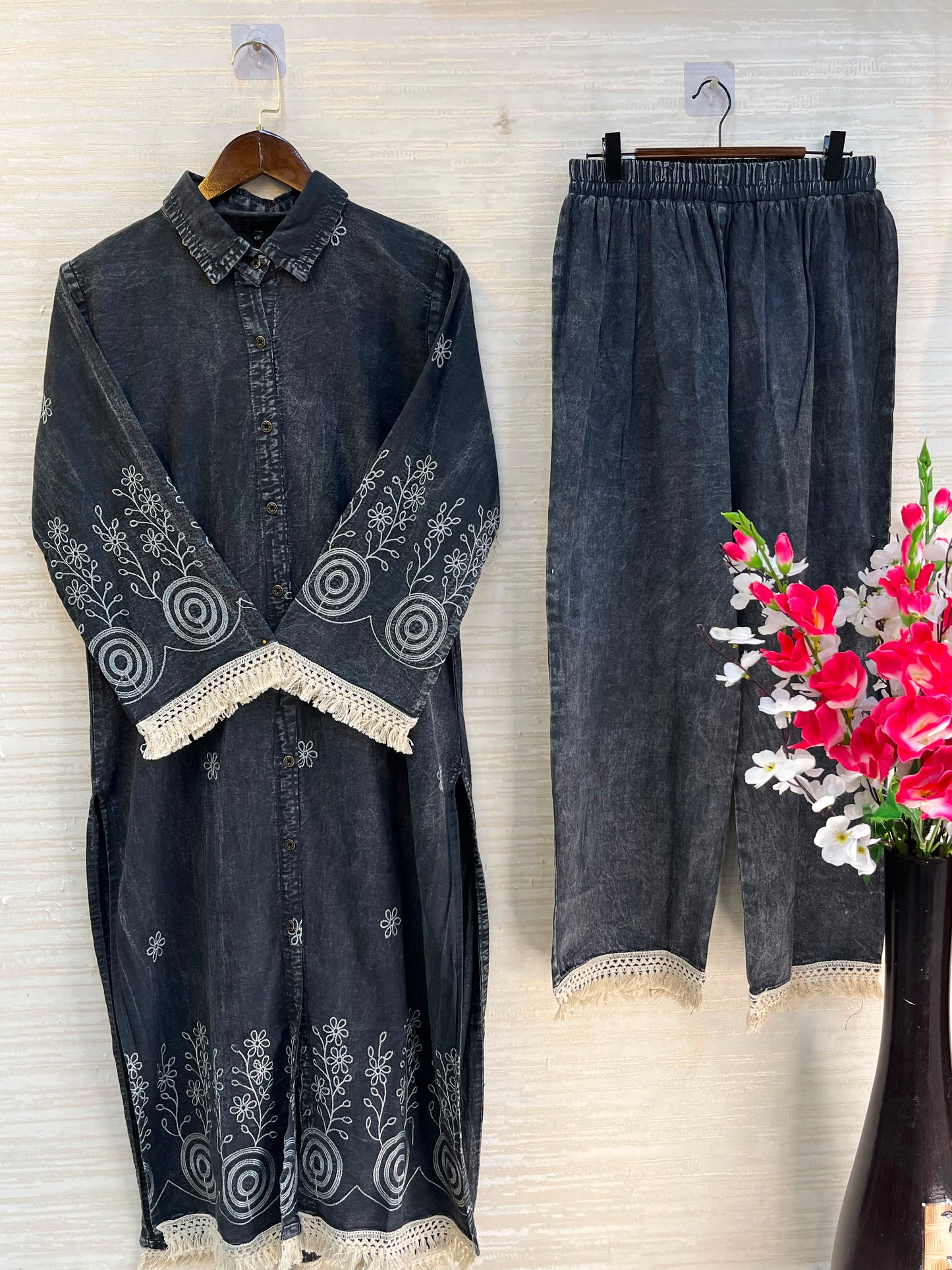 1203 Long Embroidered Denim Coordset - Charcoal Grey