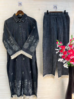 1203 Long Embroidered Denim Coordset - Charcoal Grey