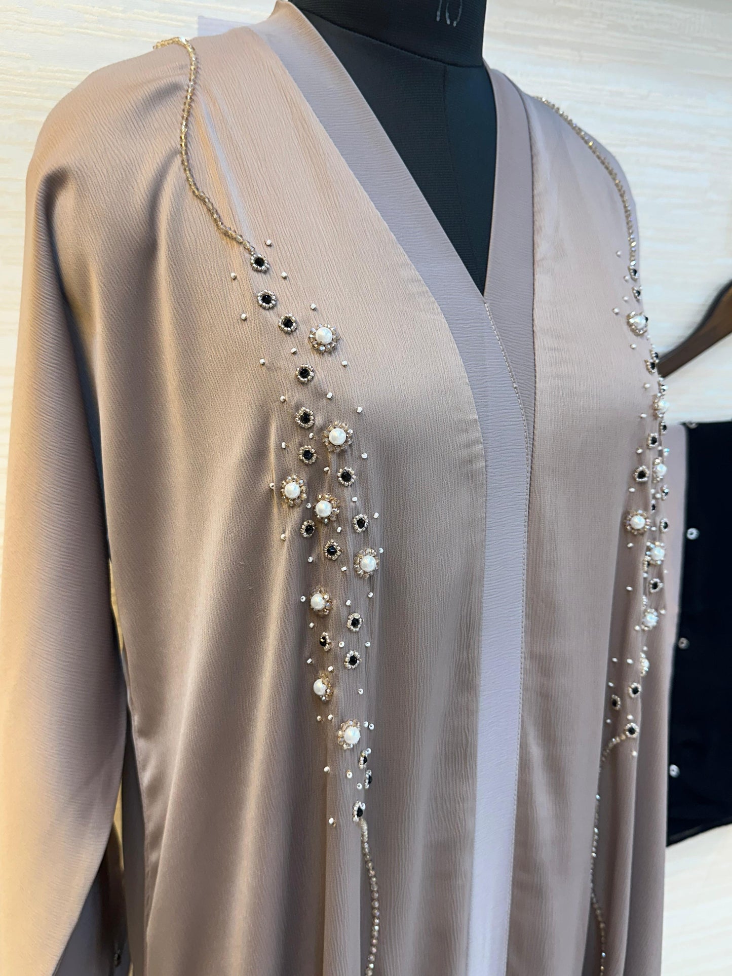 334 Midnight Pearl Embellished Abaya Set - Taupe