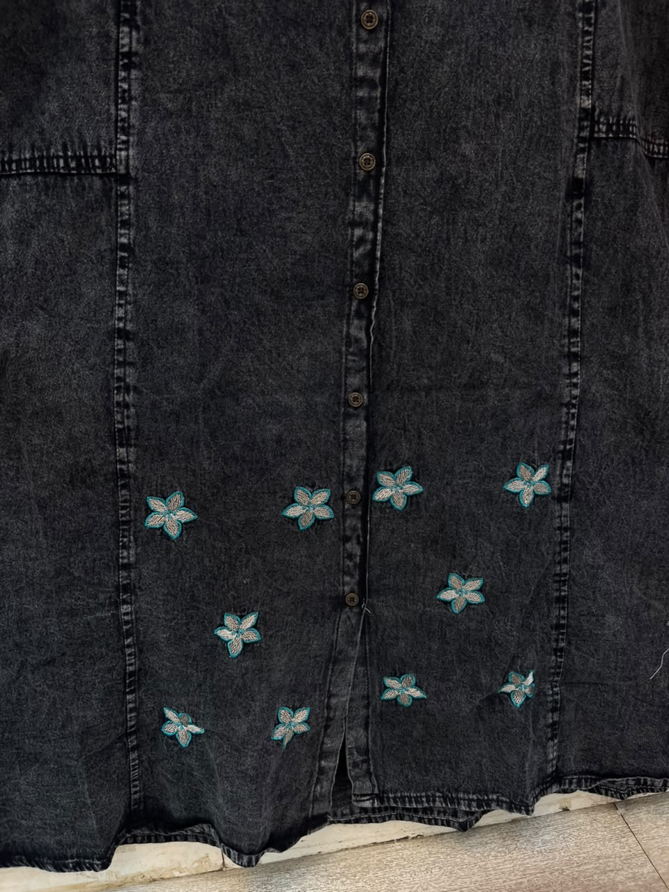 1193 Embroidered Denim Gown - Charcoal Black