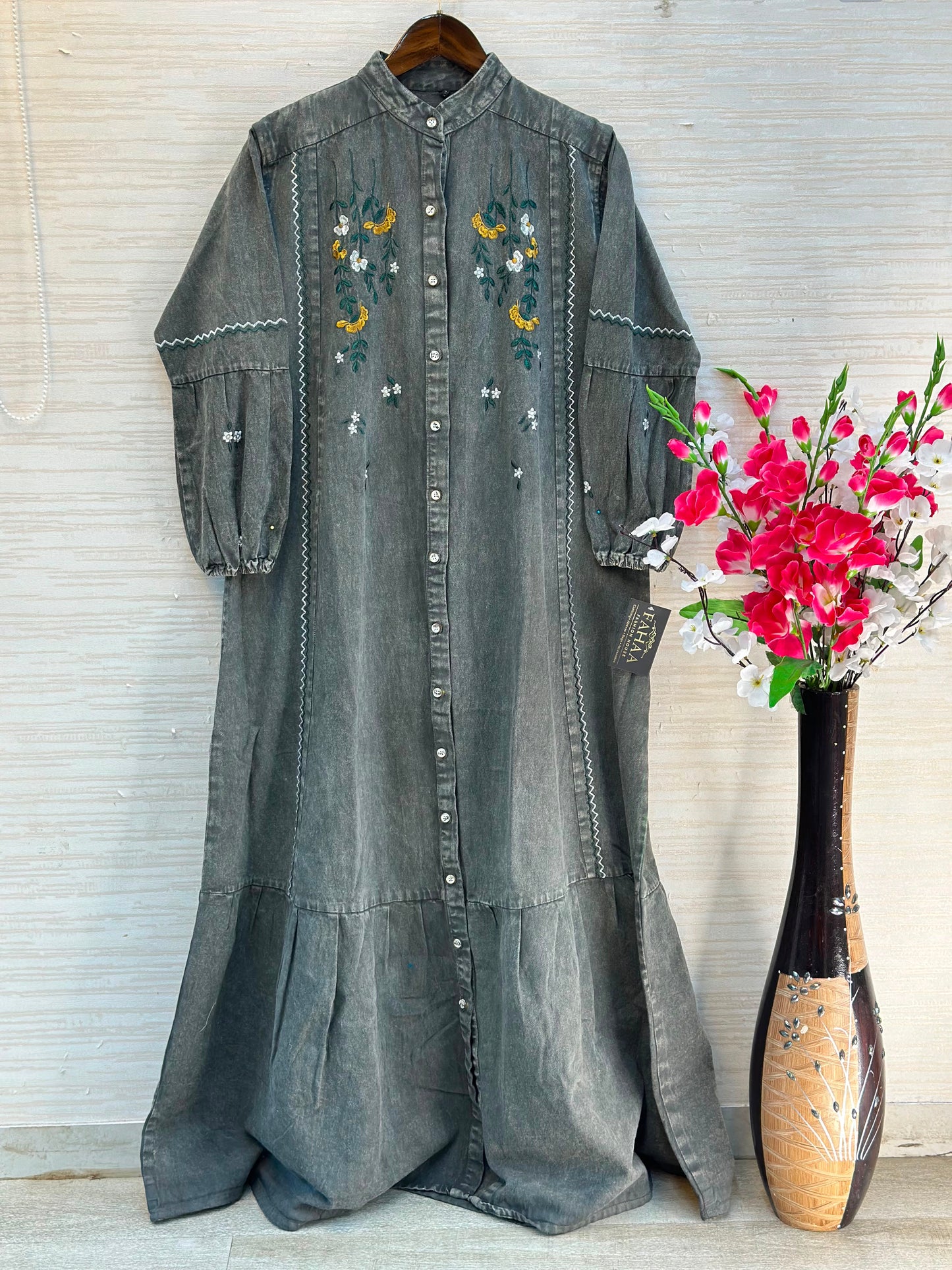 1210 Embroidered Denim Gown - Ash Grey