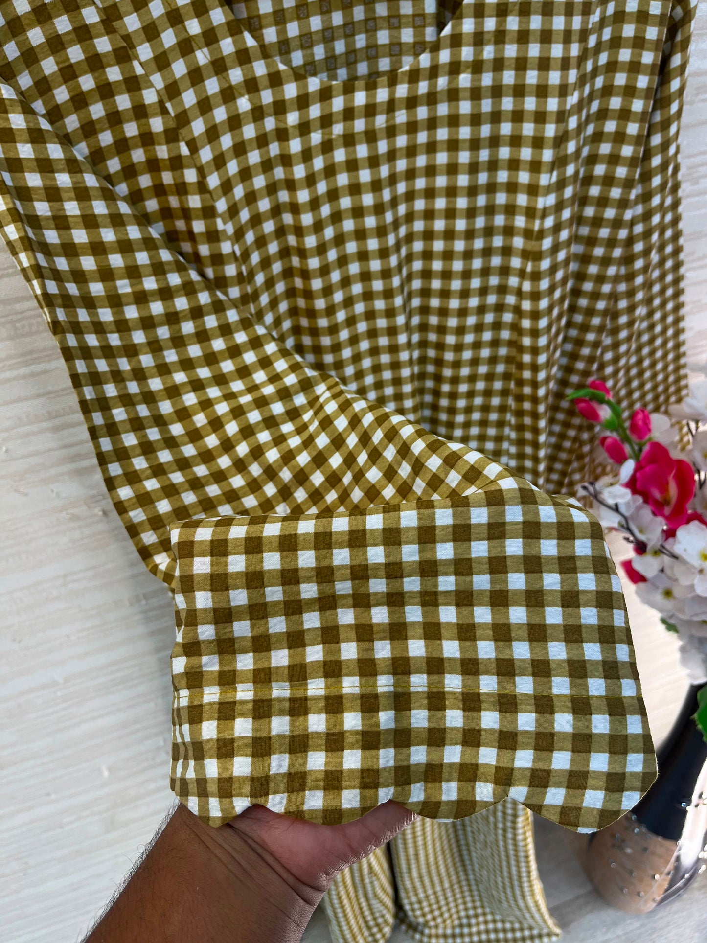 1209 Korean Gingham Gown - Olive Mustard