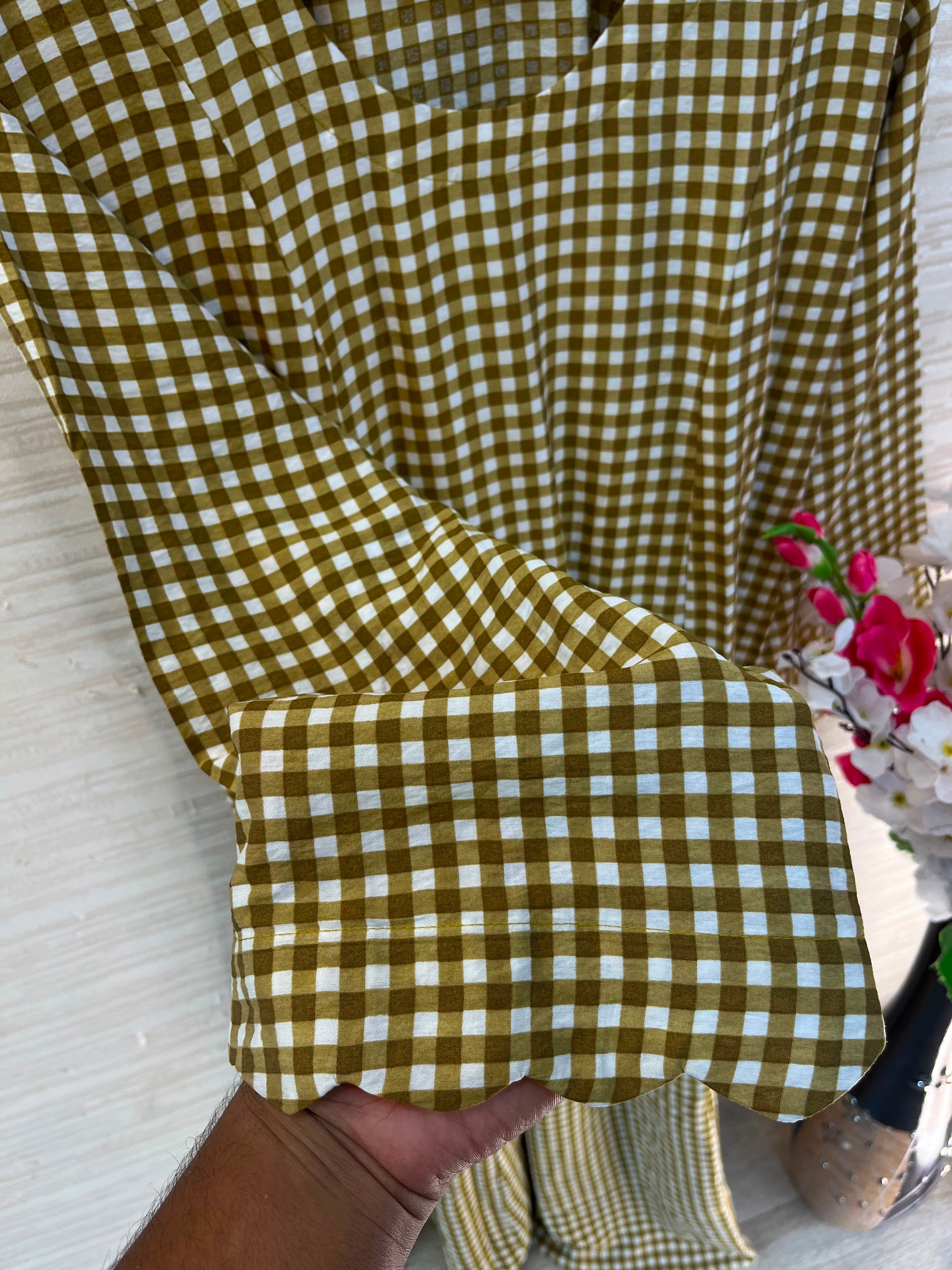 1209 Korean Gingham Gown - Olive Mustard