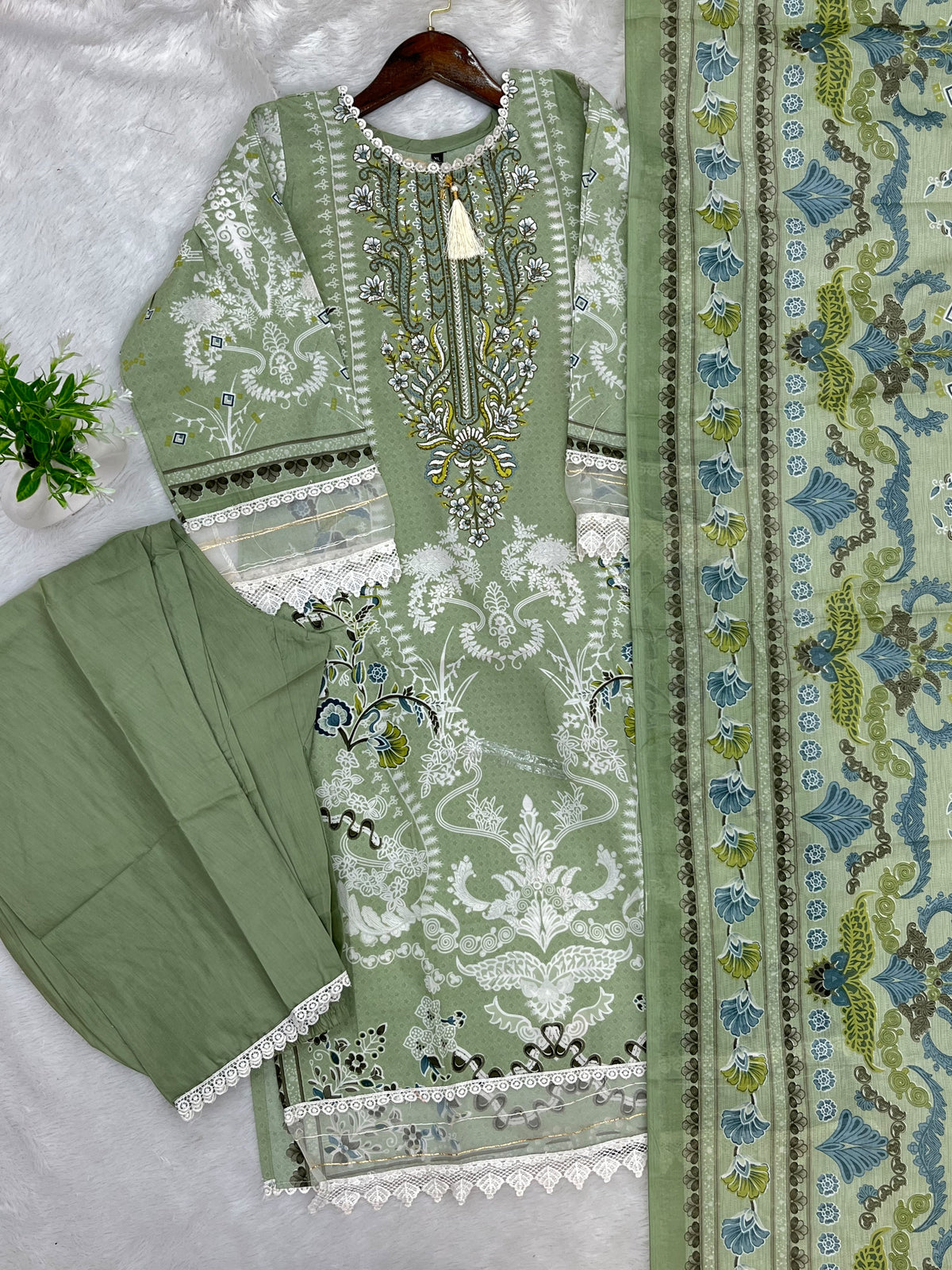 1449 Pakistani Embroidered Suit - Sage Green
