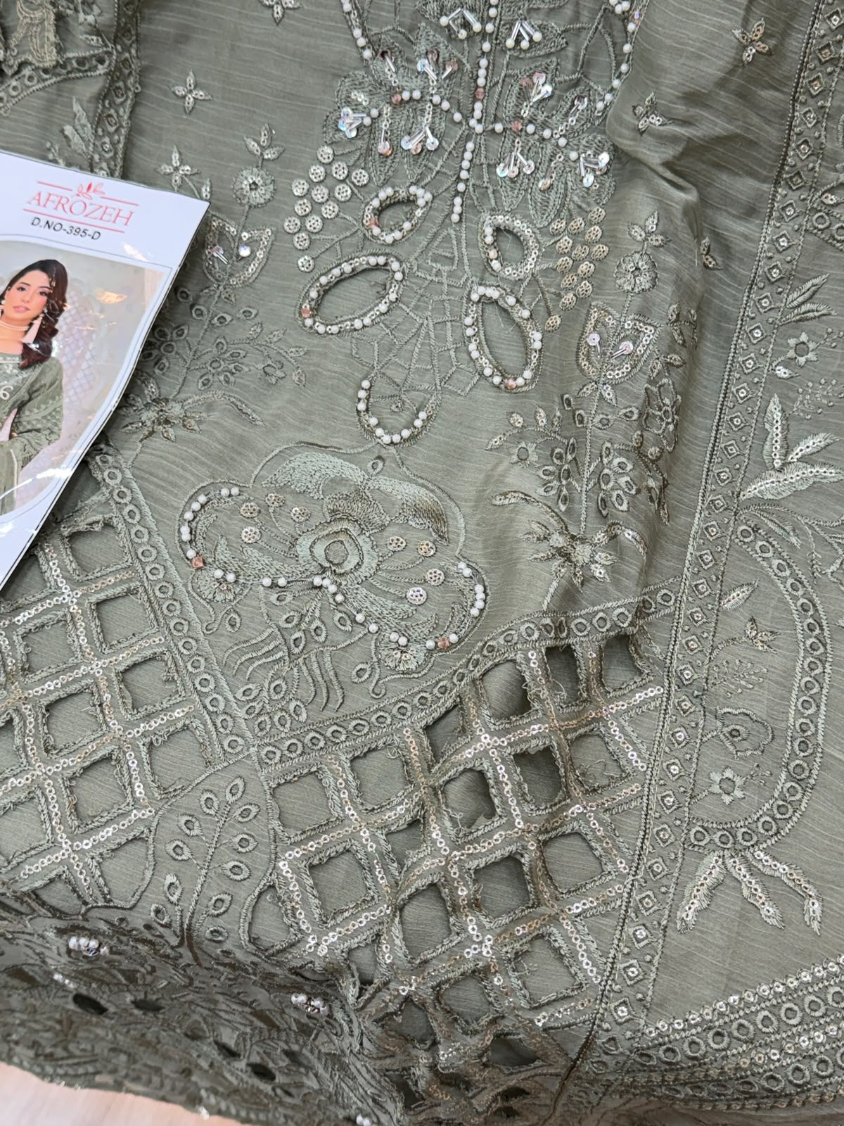 1456 Pakistani Unstitched Partywear - Olive Green