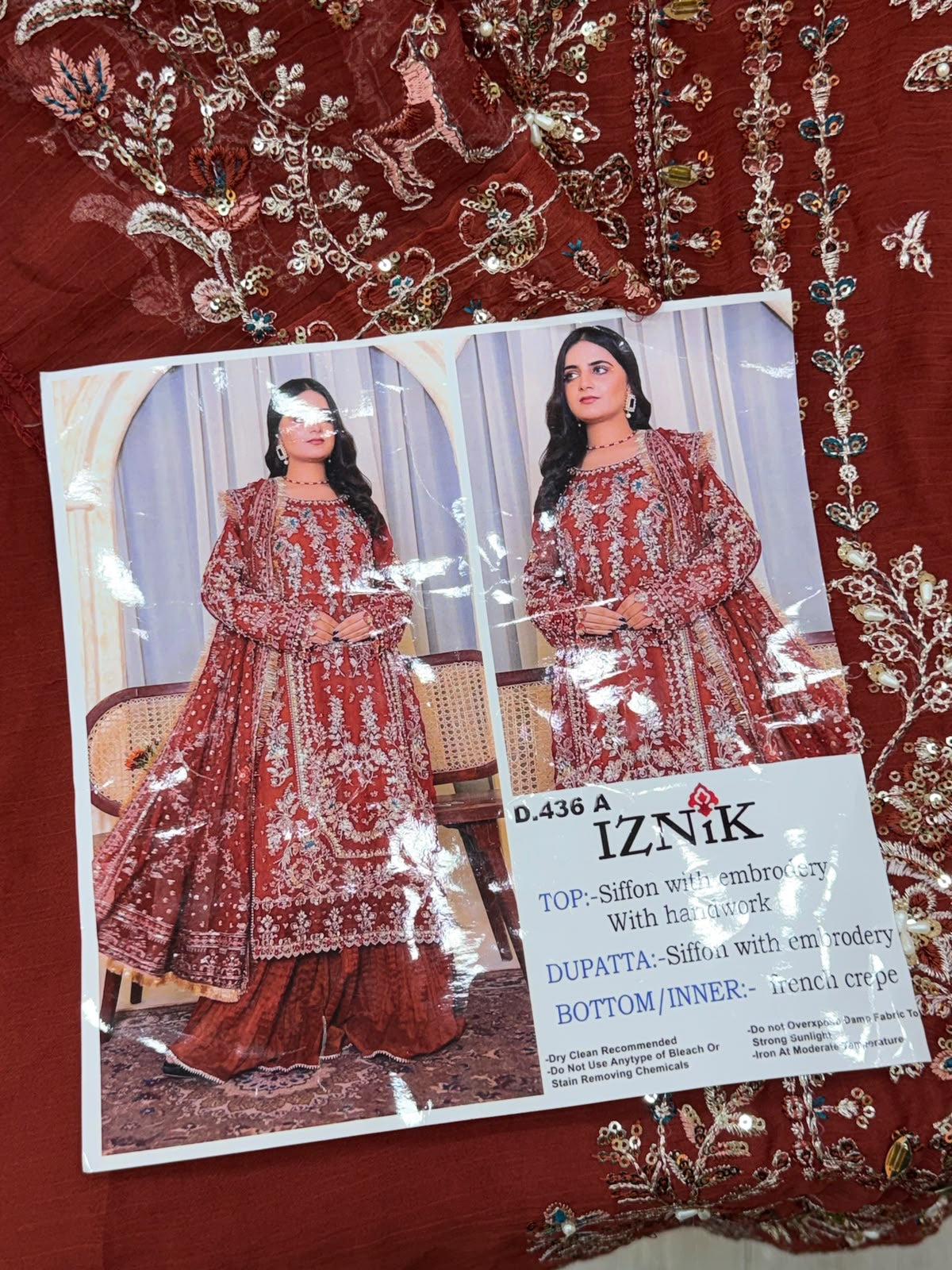 1444 Pakistani Unstitched Partywear - Reddish Brown