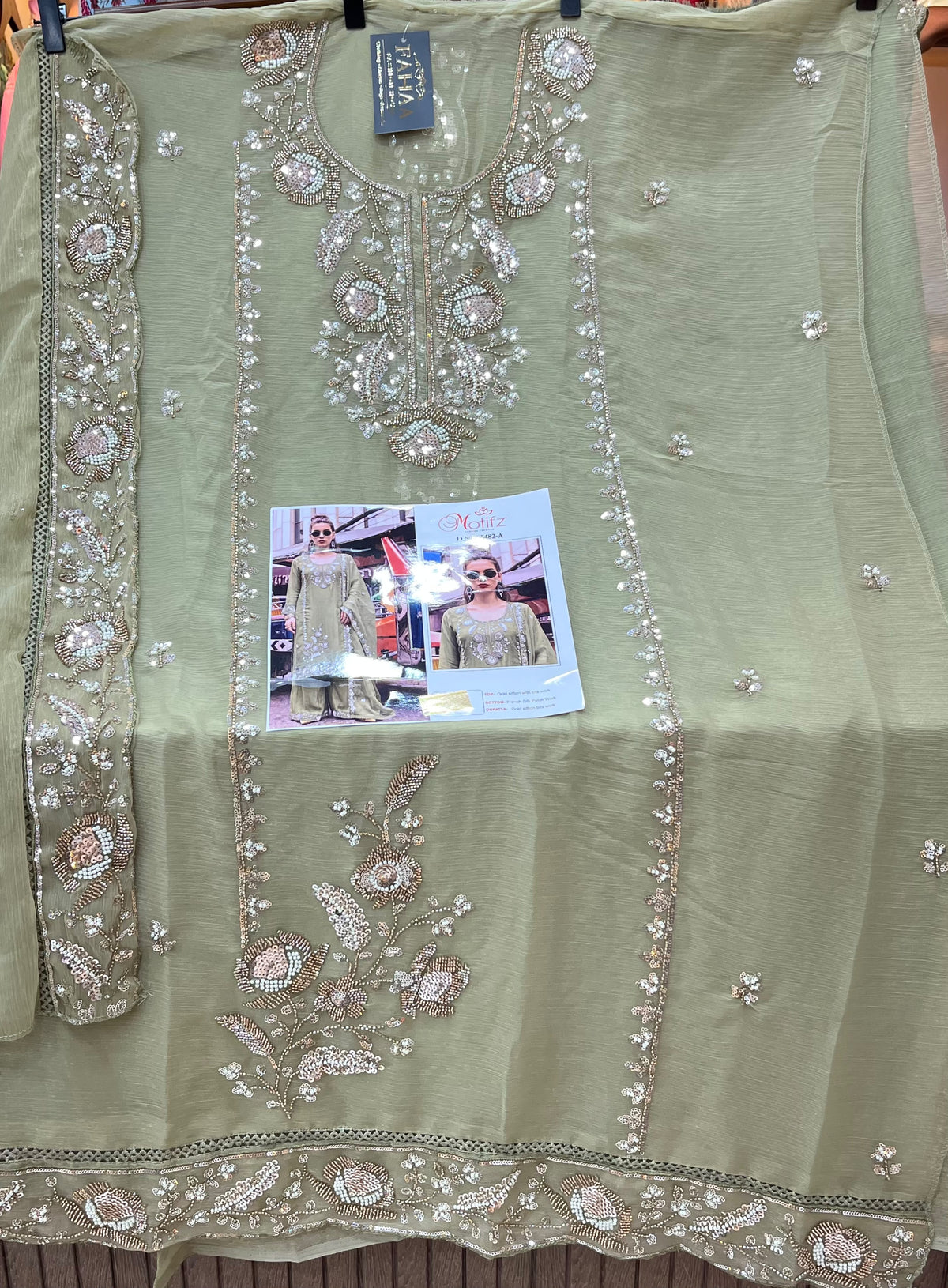 1447 Pakistani Unstitched Partywear - Pista Green