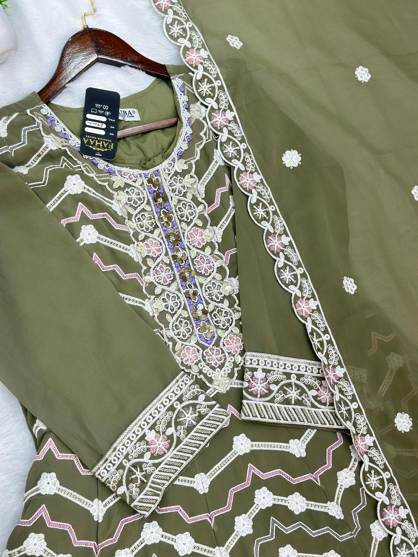 653 Pakistani Embroidered Frock Set - Mehendi Green