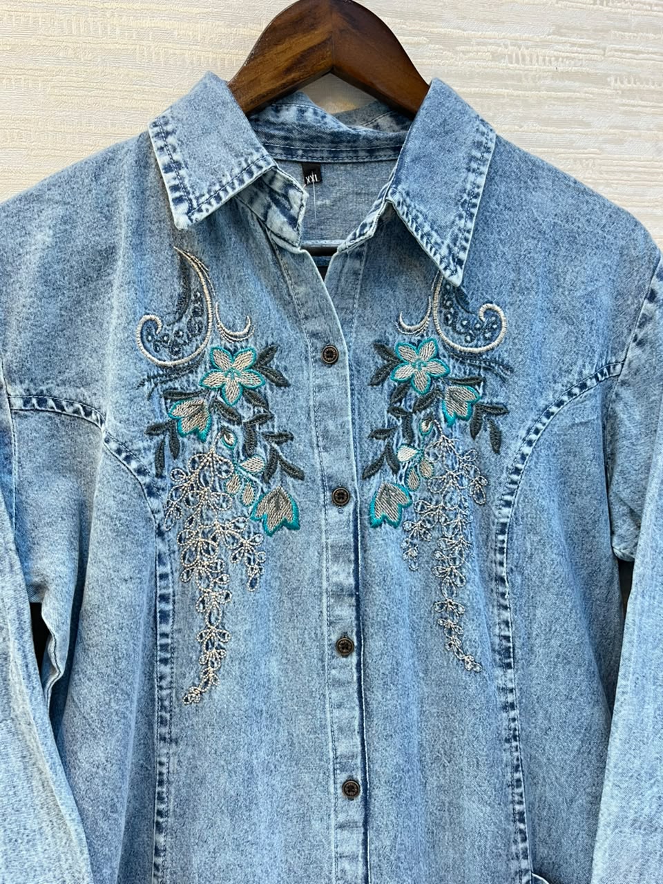 1193 Embroidered Denim Gown - Sky Blue