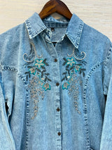 1193 Embroidered Denim Gown - Sky Blue