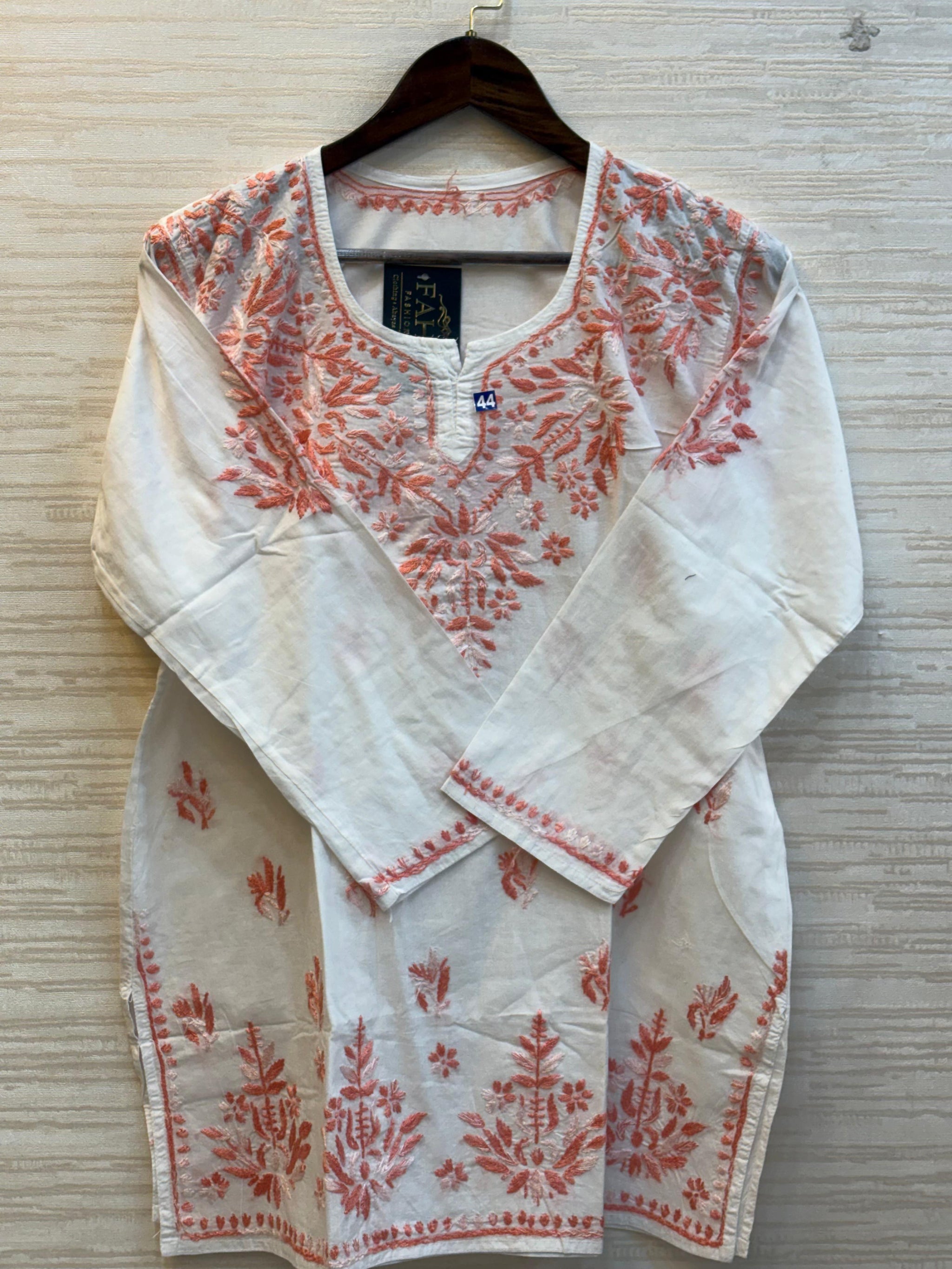 618 Lucknowi Short Kurti Set | White - Peach