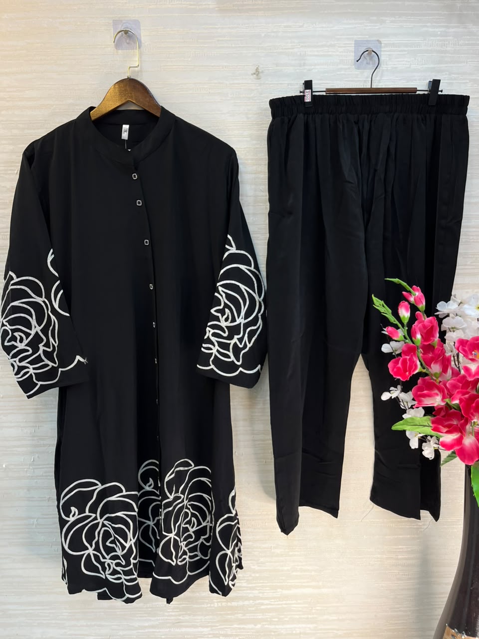 1194 Floral Embroidered Coord Set - Black