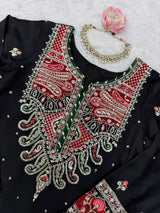 1319 Premium Pakistani Embroidered Black Kaftan 2 Pc Set