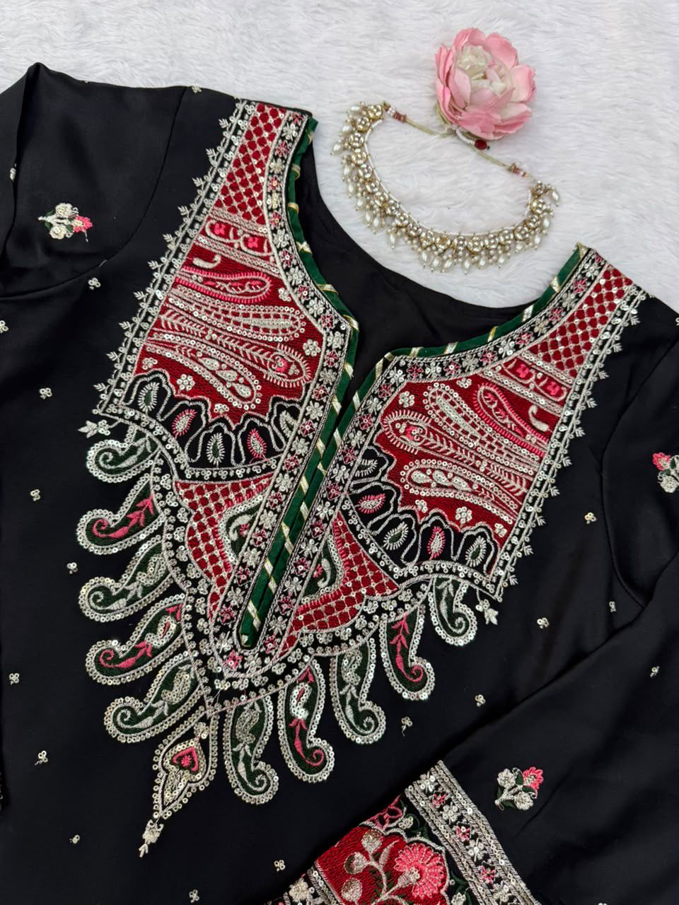 1319 Premium Pakistani Embroidered Black Kaftan 2 Pc Set