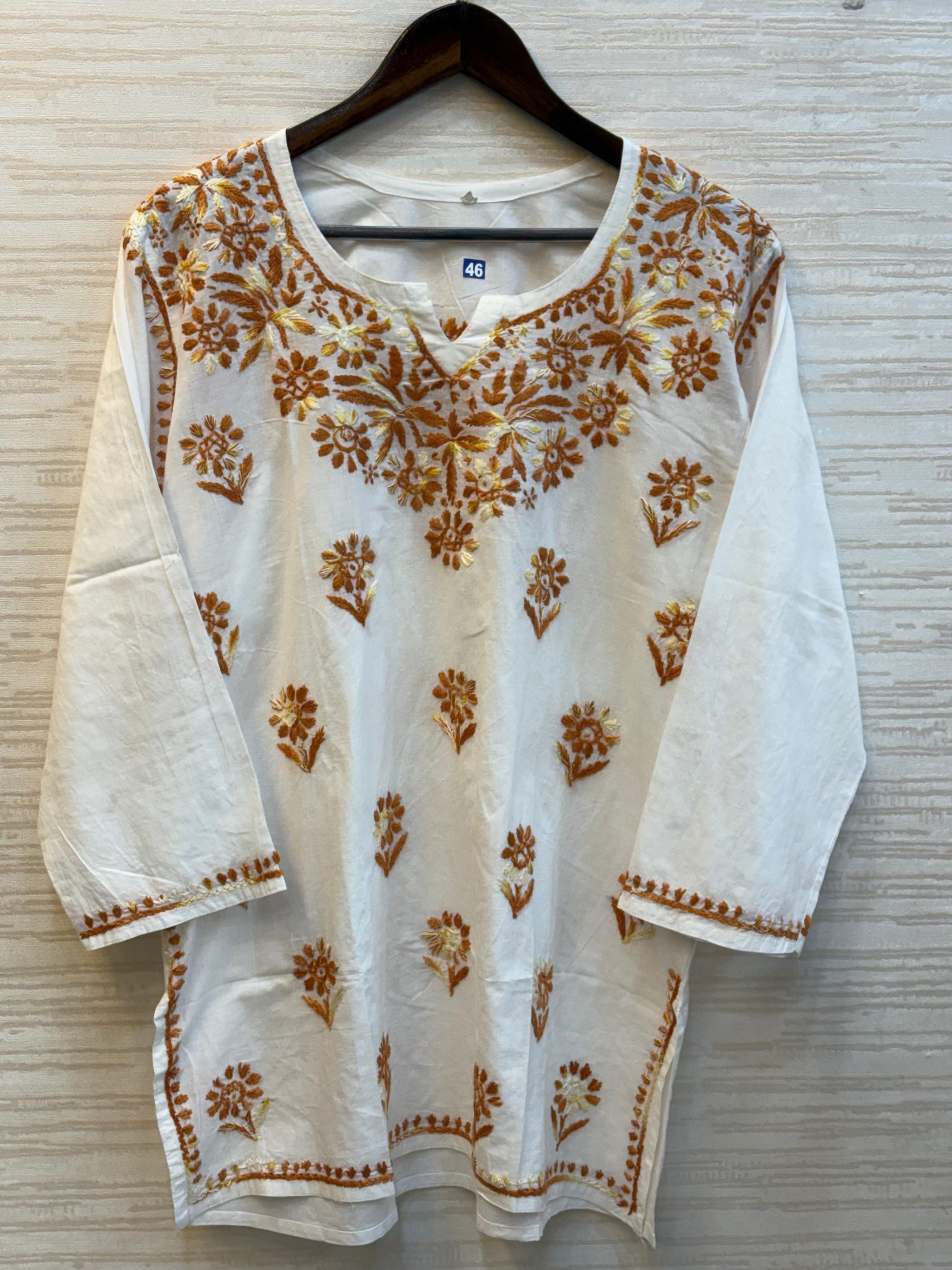 618 Lucknowi Short Kurti Set | White - Orange