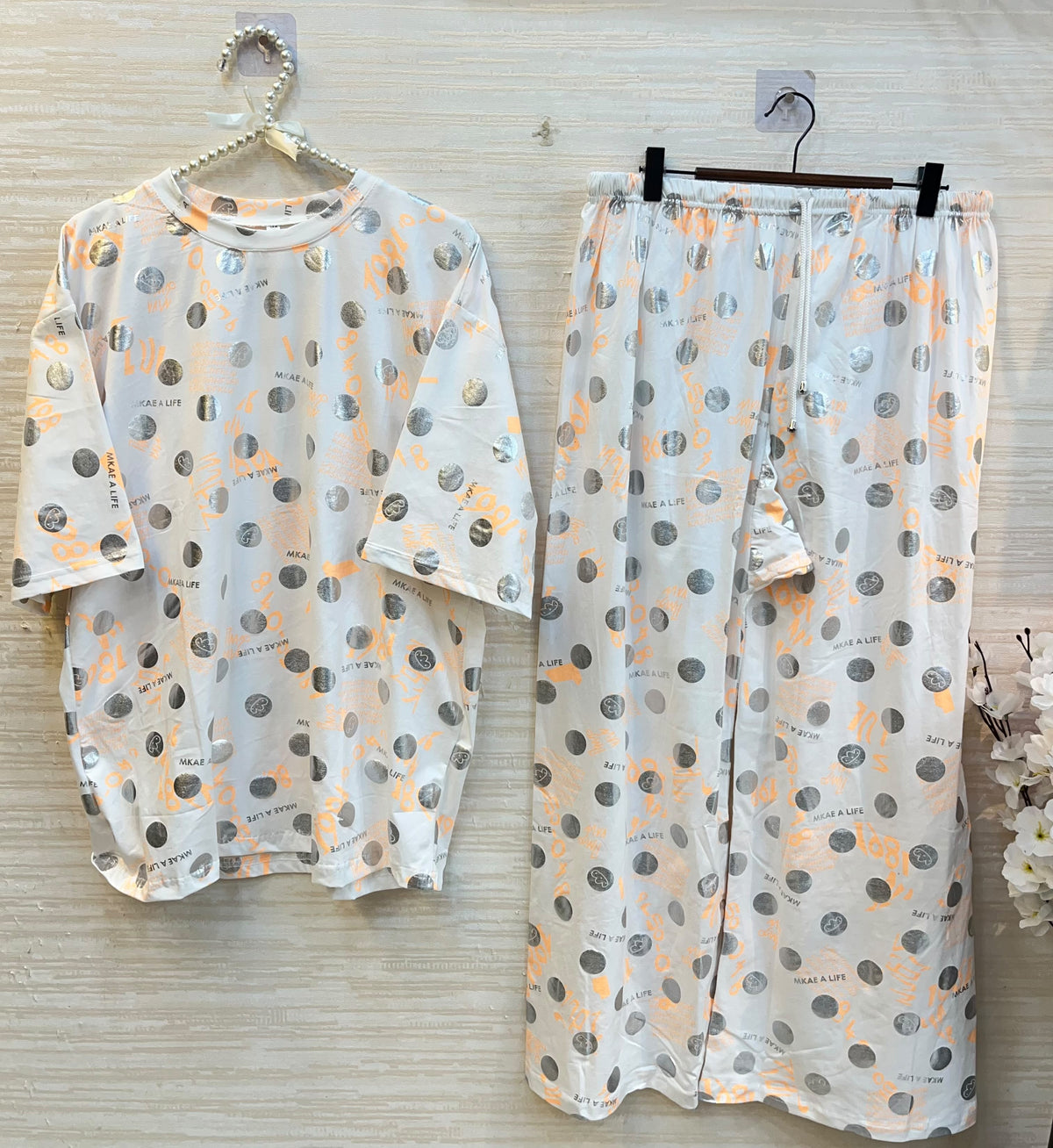 1454 Korean Printed Night Wear - White Orange