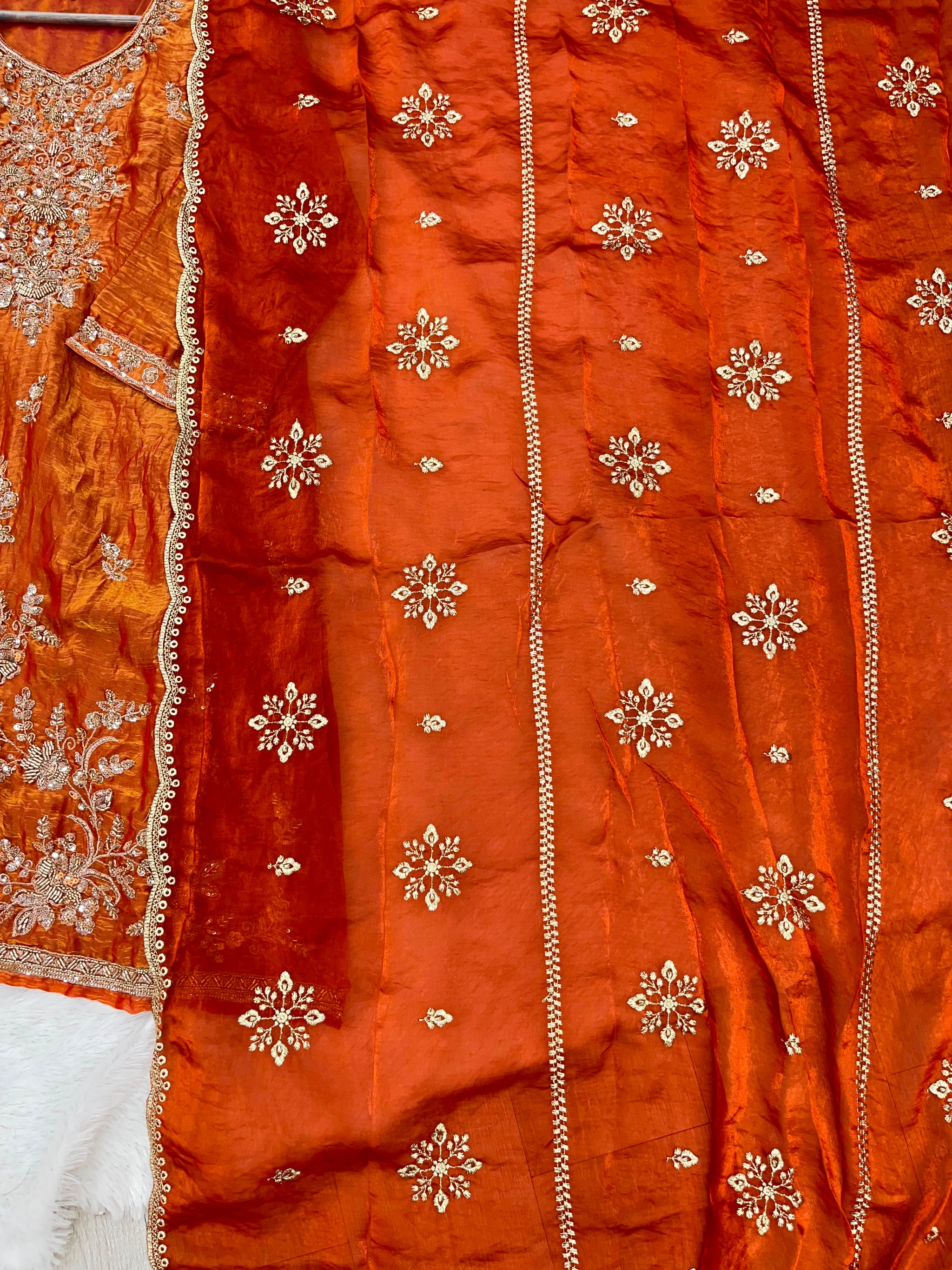 1204 Floral Hand-Work Partywear - Rusty Orange