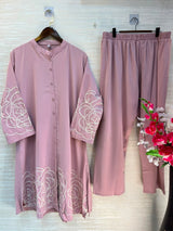 1194 Floral Embroidered Coord Set - Dusty Mauve
