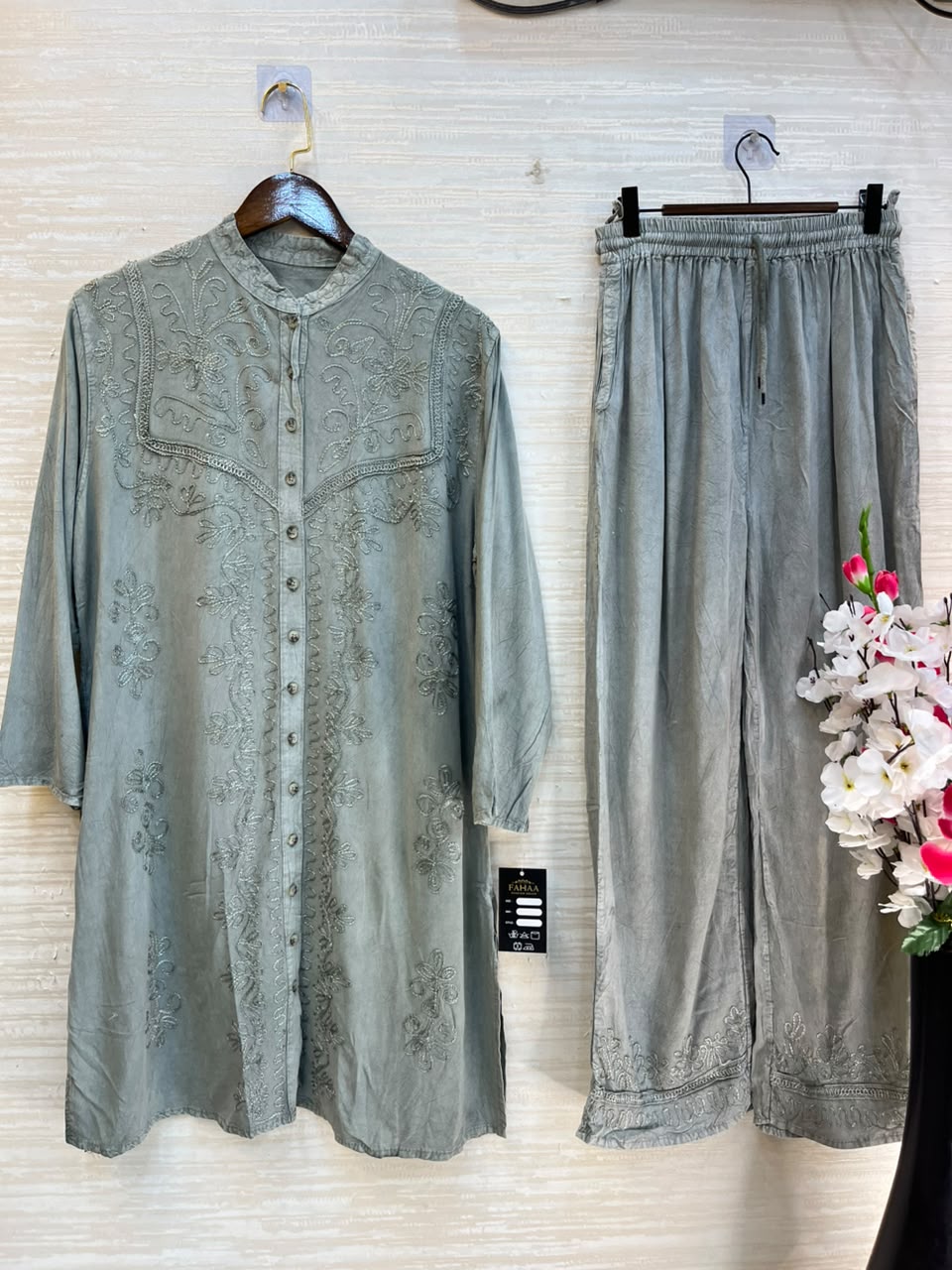 1205 Kashmiri Embroidered Coord Set - Dusty Mint