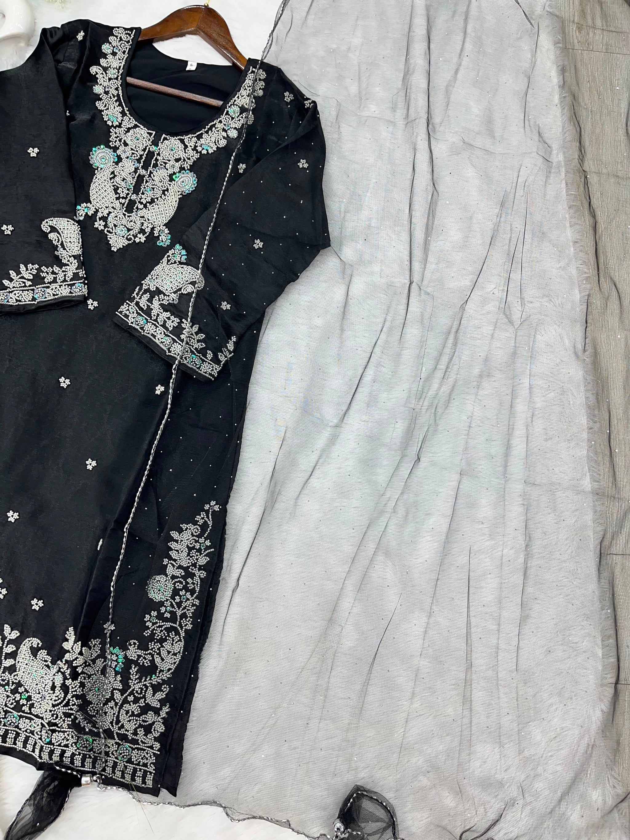 1204 Floral Hand-Work Partywear - Black
