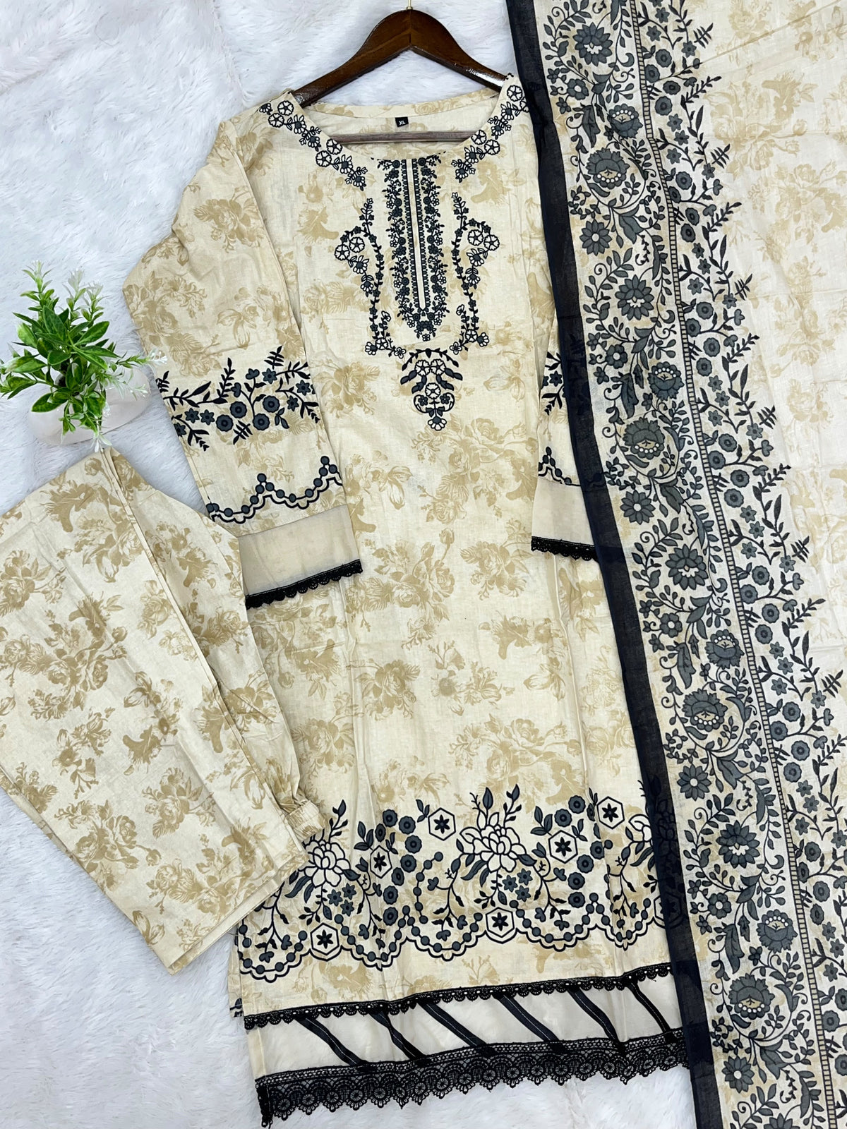 1451 Pakistani Embroidered Suit - Cream Beige