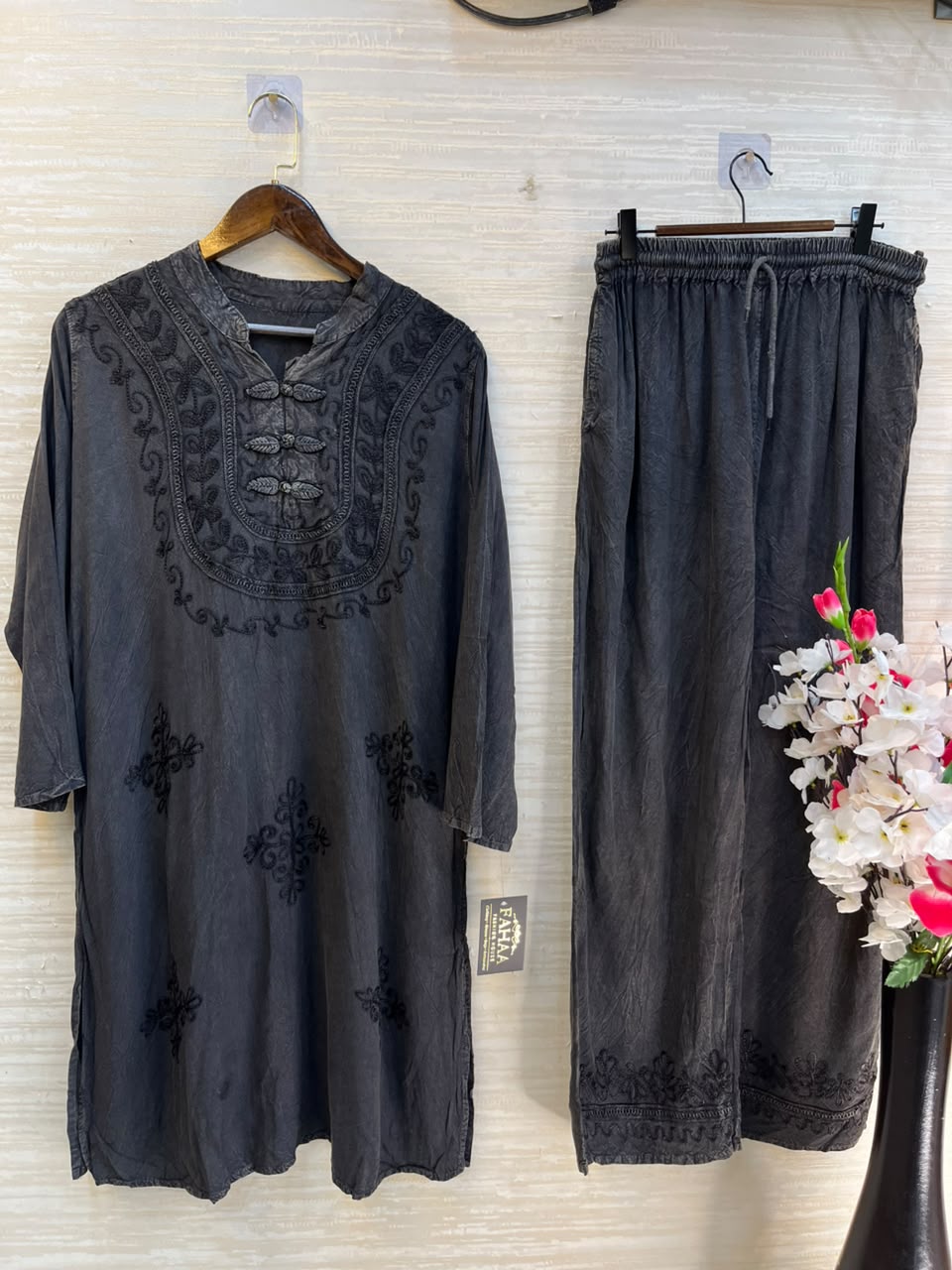 1205 Kashmiri Embroidered Coord Set - Washed Black
