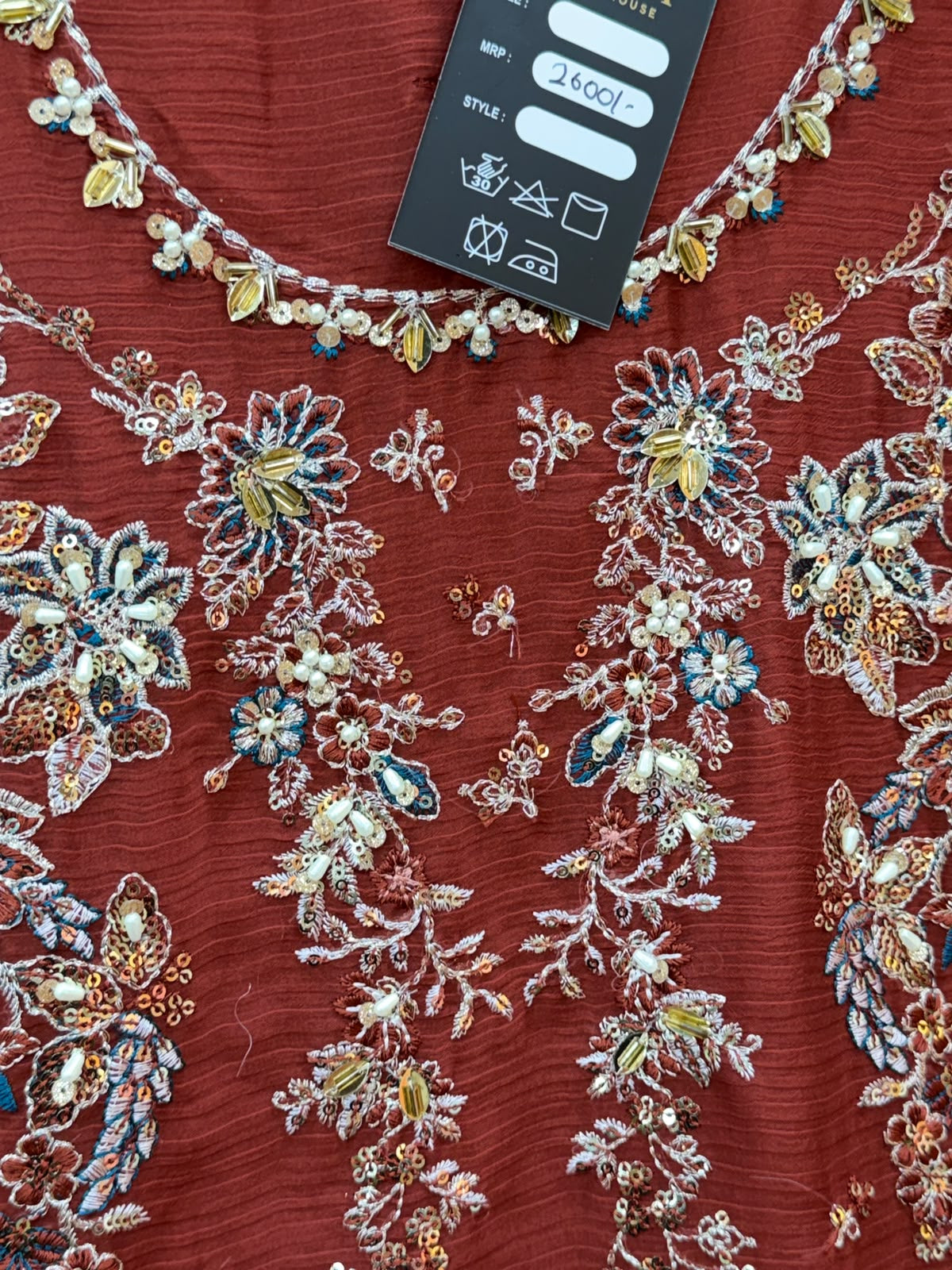 1444 Pakistani Unstitched Partywear - Reddish Brown