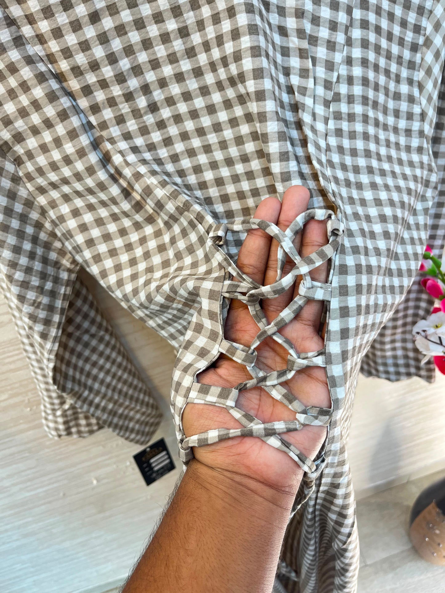 1209 Korean Gingham Gown - Taupe Brown