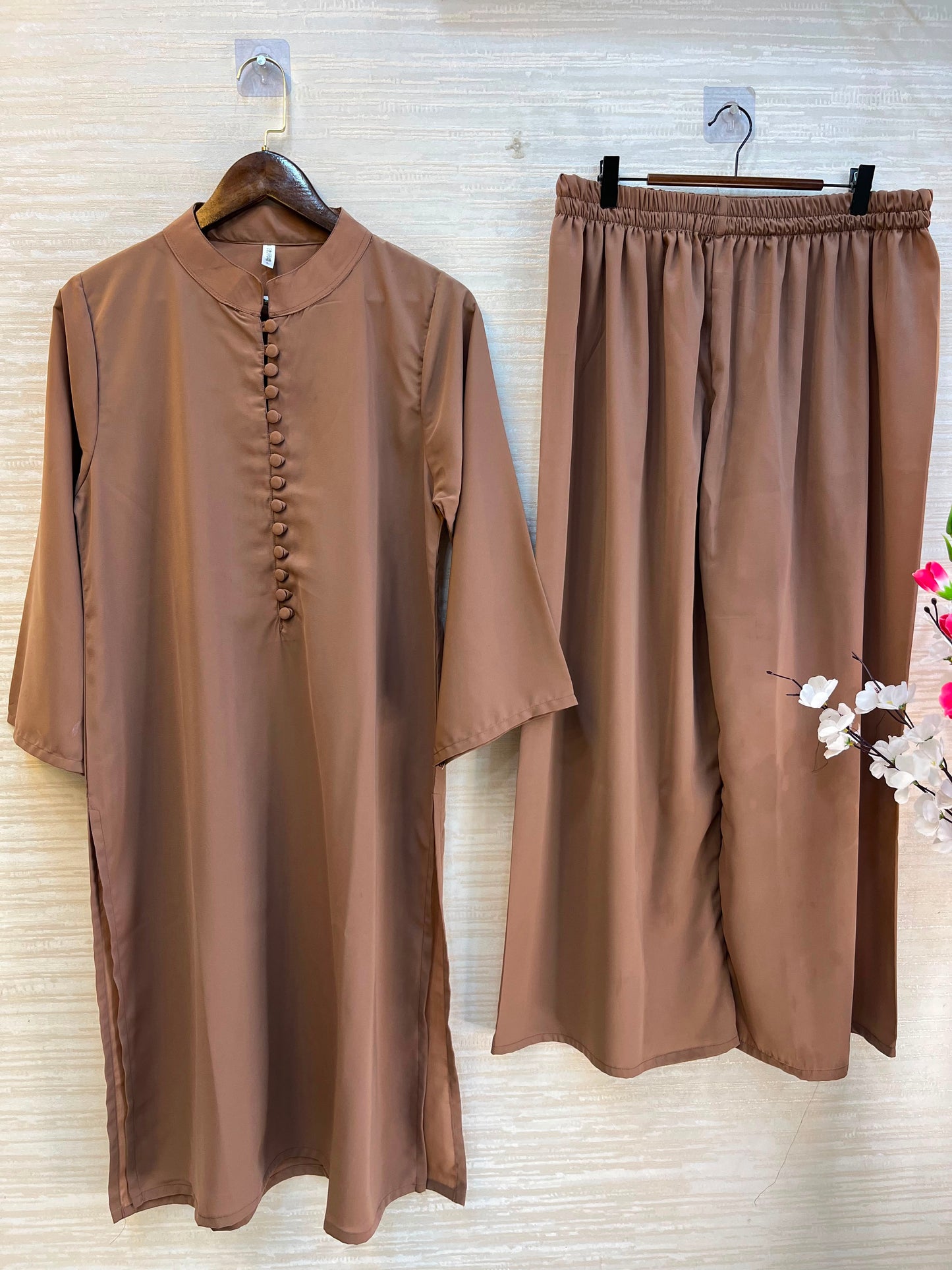 1062 Modest Mandarin Coord Set - Coffee