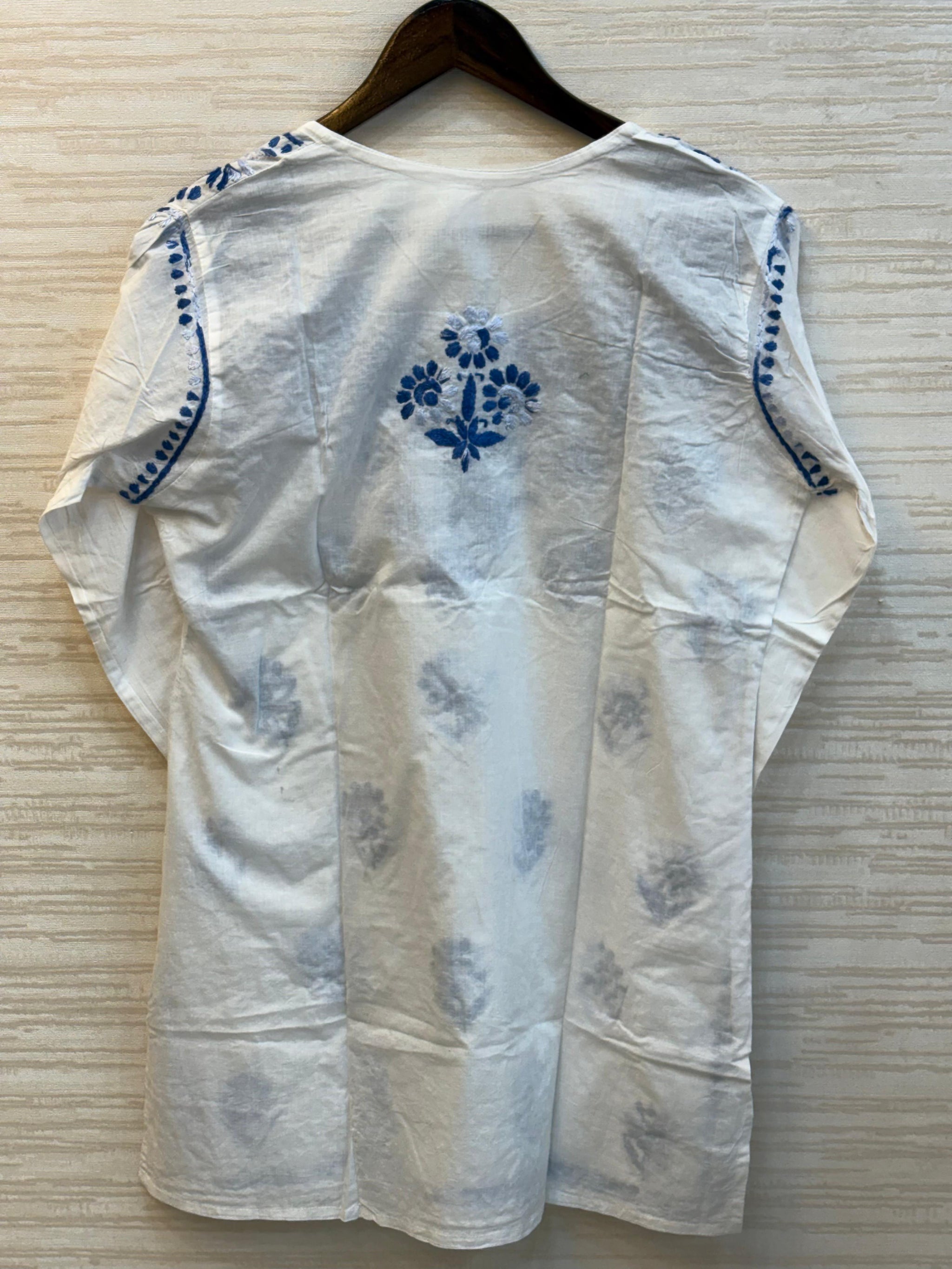 618 Lucknowi Short Kurti Set | White - Blue