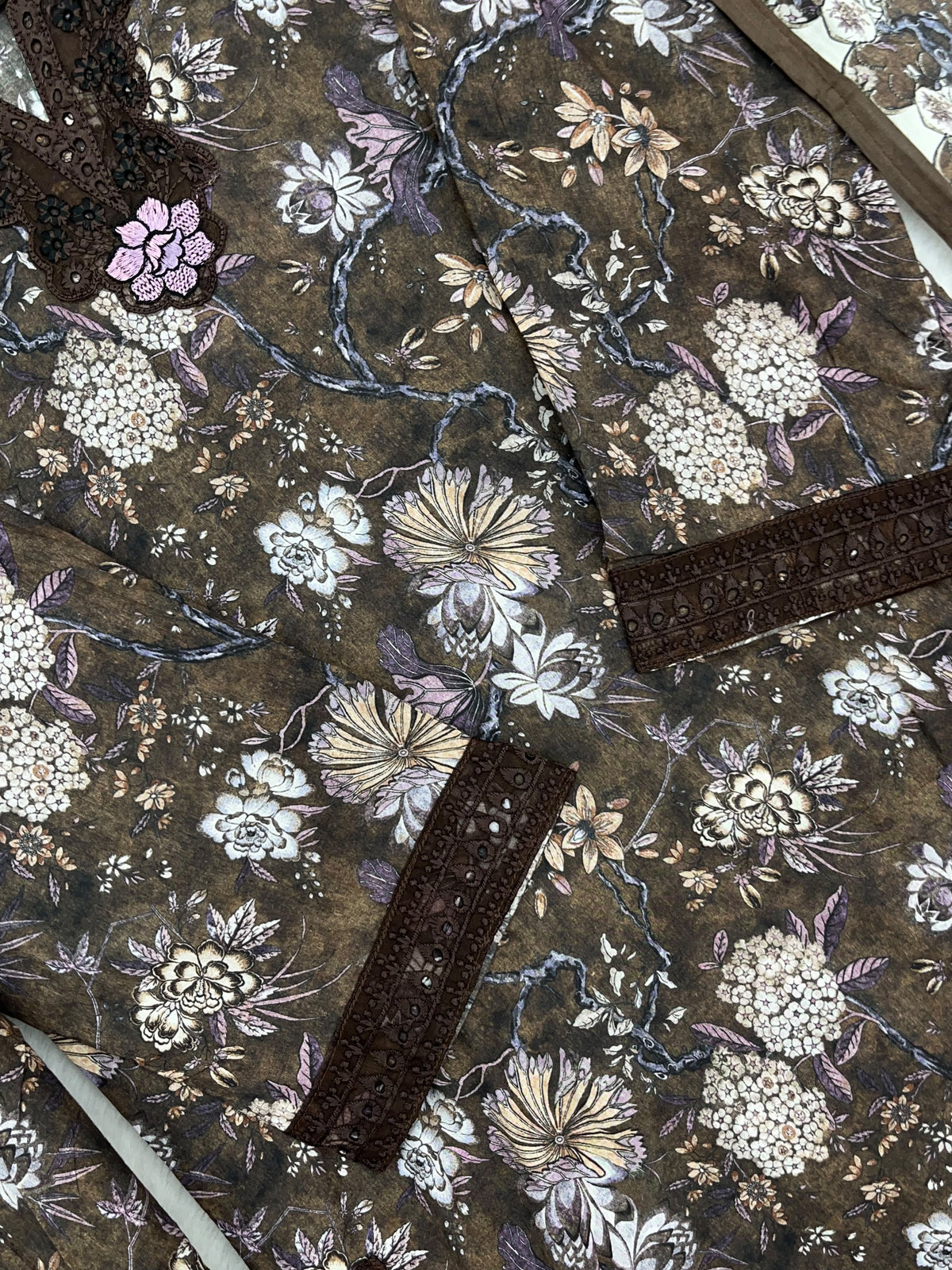 1424 Mausumery Foral Lawn Suit - Brown