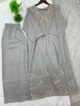 1204 Floral Hand-Work Partywear - Dove Grey