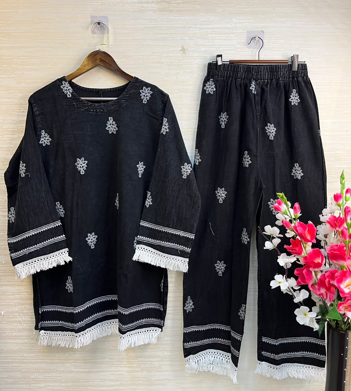 1189 Embroidered Denim Coordset - Black