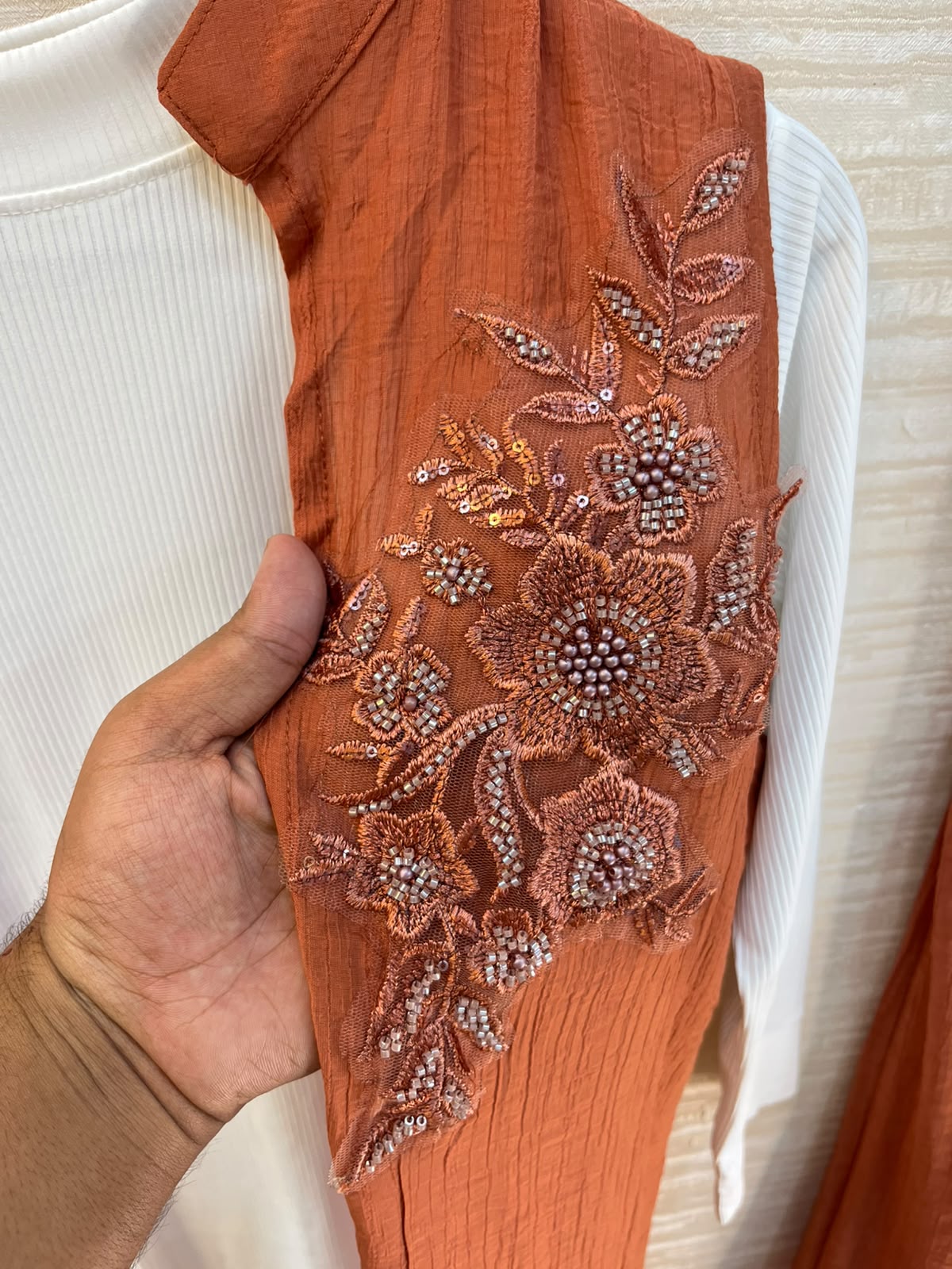 1191 Embroidered Shrug Coord Set - Terracotta