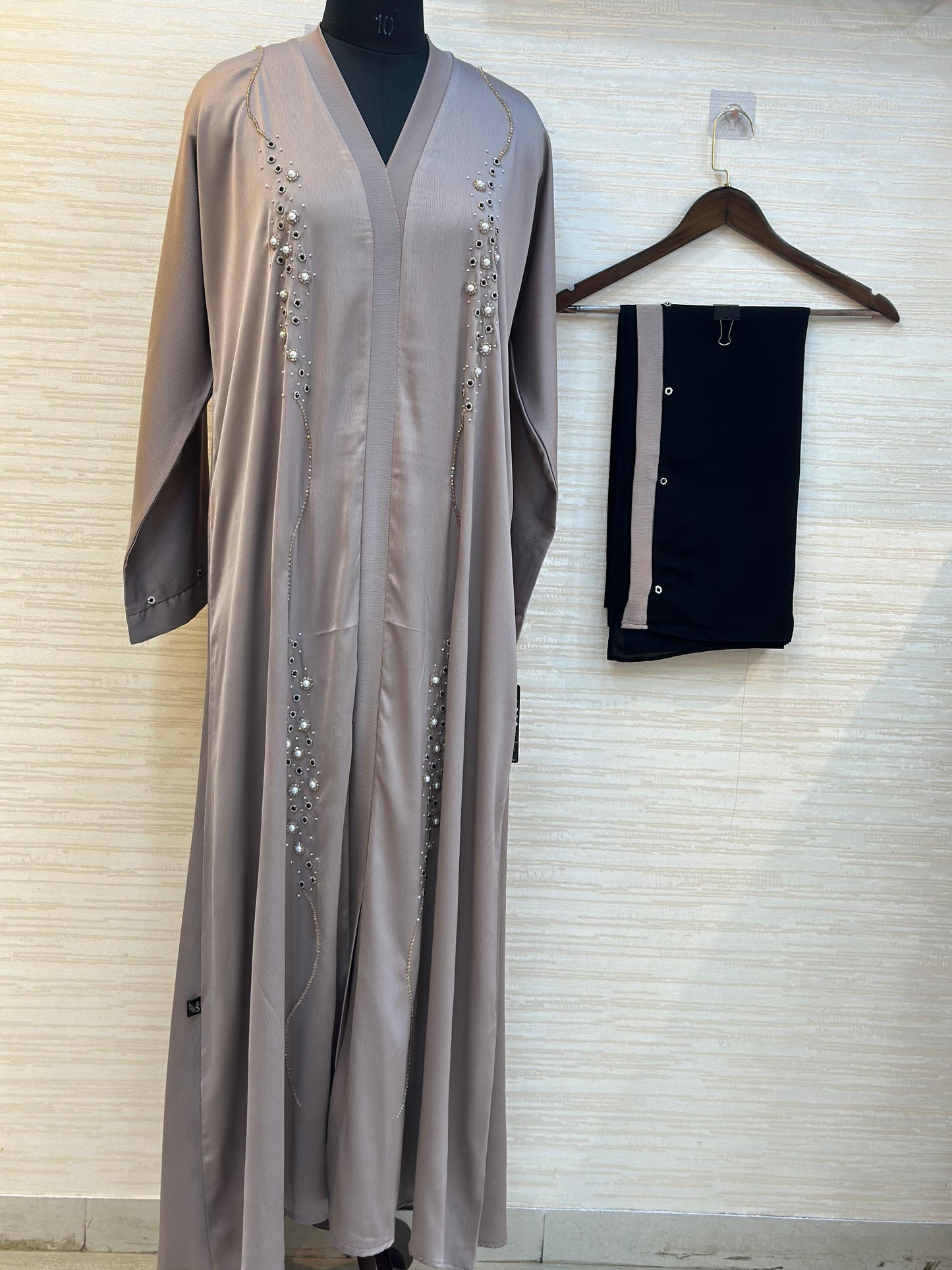 334 Midnight Pearl Embellished Abaya Set - Taupe