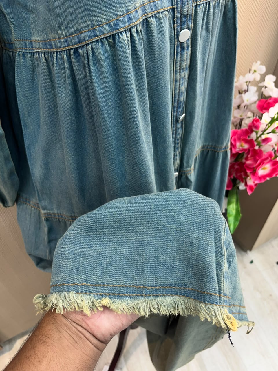 1229 Embroidered Denim Gown - Grey
