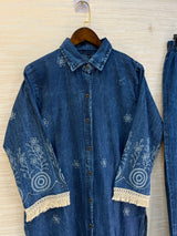 1203 Long Embroidered Denim Coordset - Mid Blue