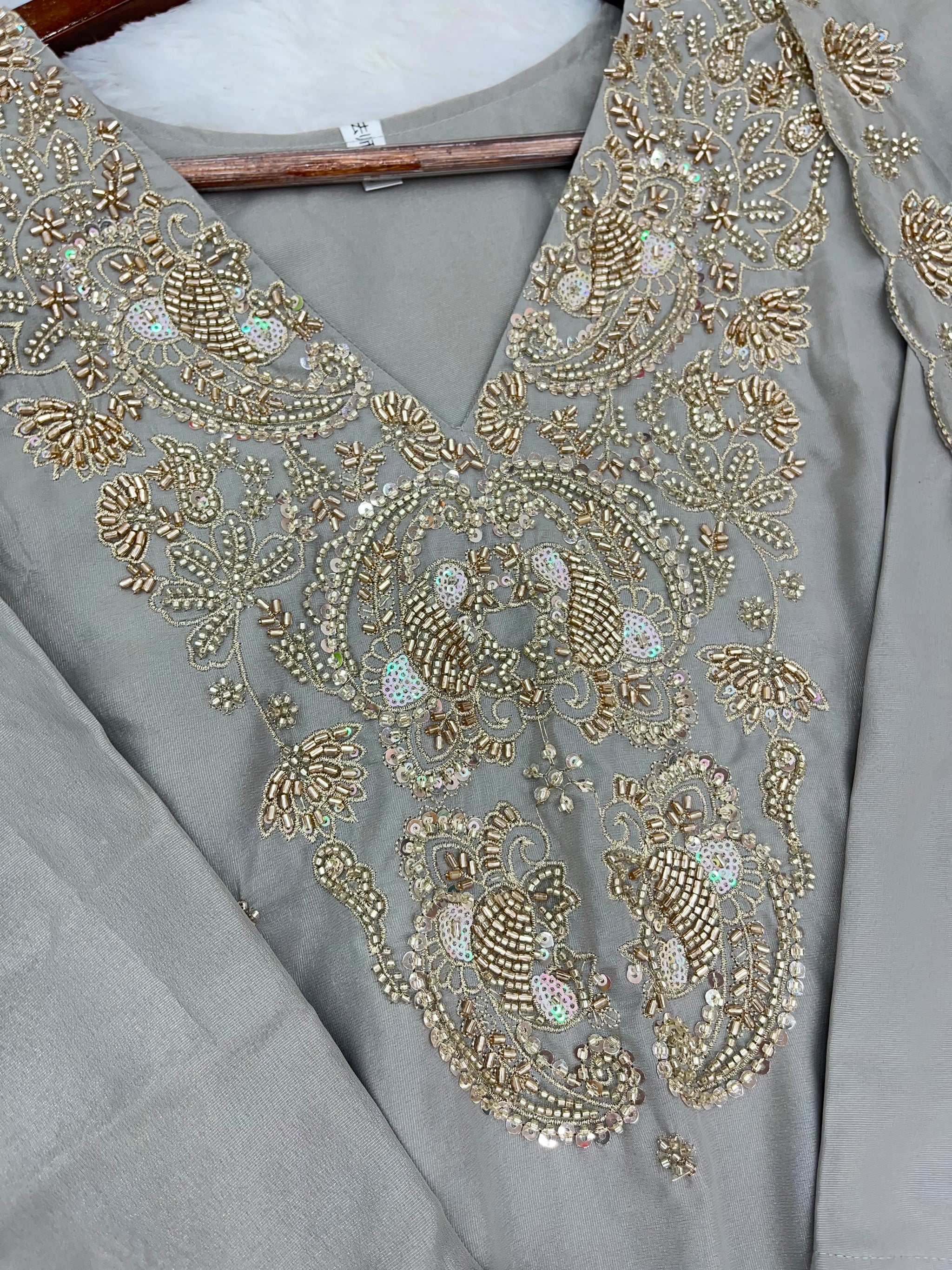 1204 Floral Hand-Work Partywear - Dove Grey