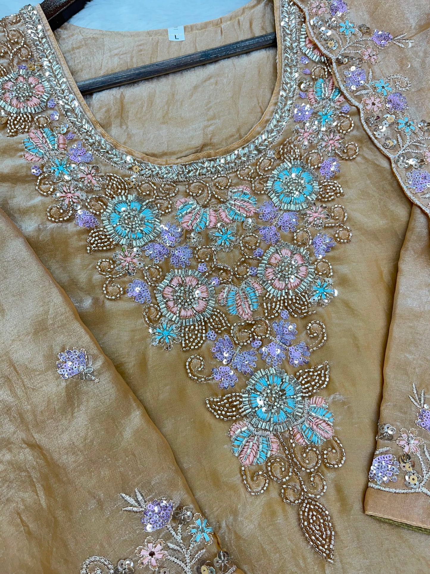 1204 Floral Hand-Work Partywear - Golden Beige