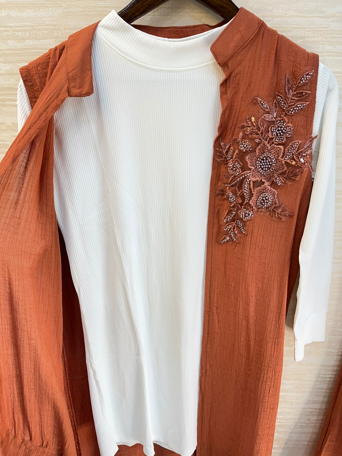 1191 Embroidered Shrug Coord Set - Terracotta