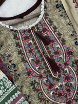 1449 Pakistani Embroidered Suit - Olive Beige