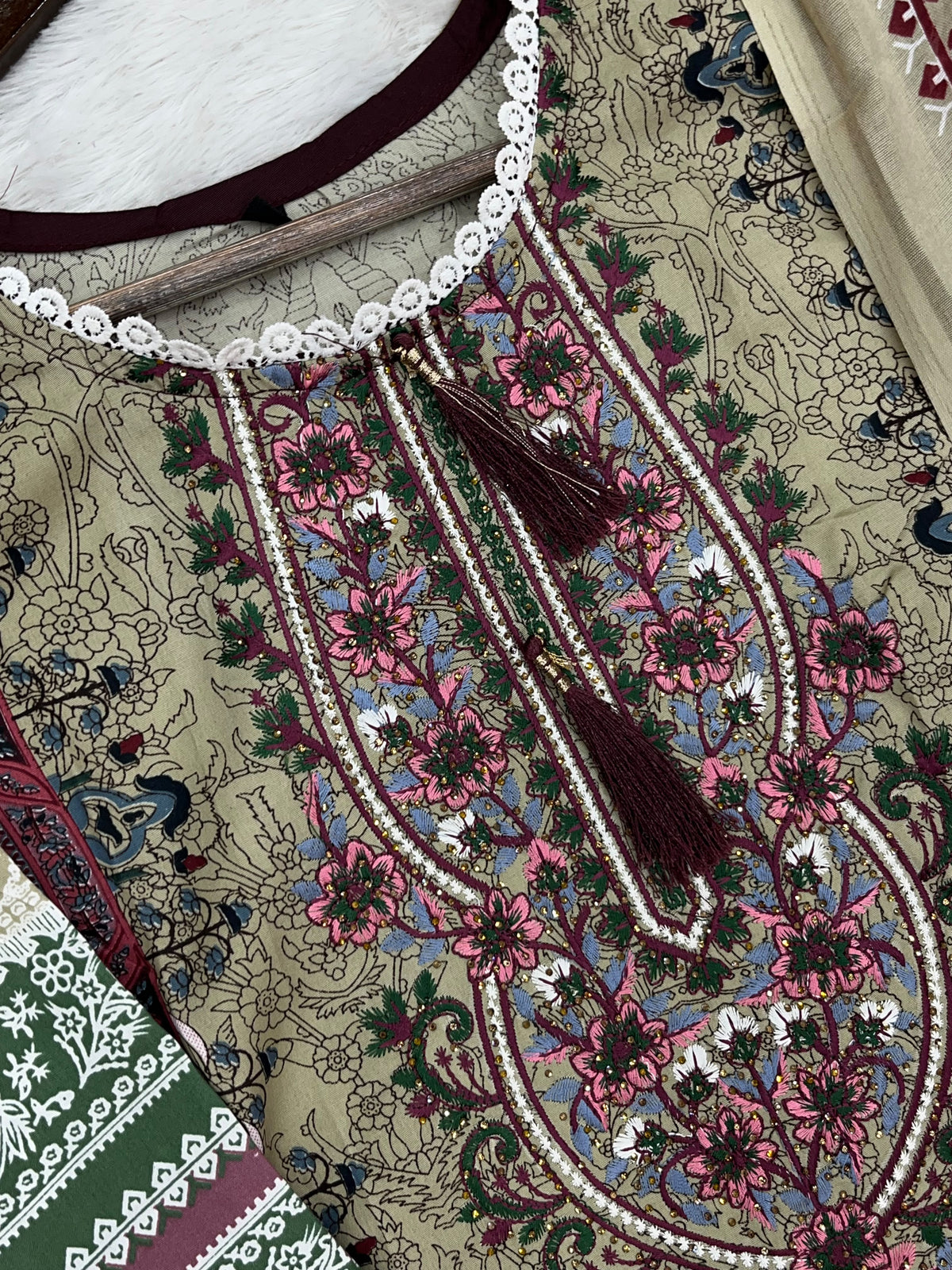 1449 Pakistani Embroidered Suit - Olive Beige