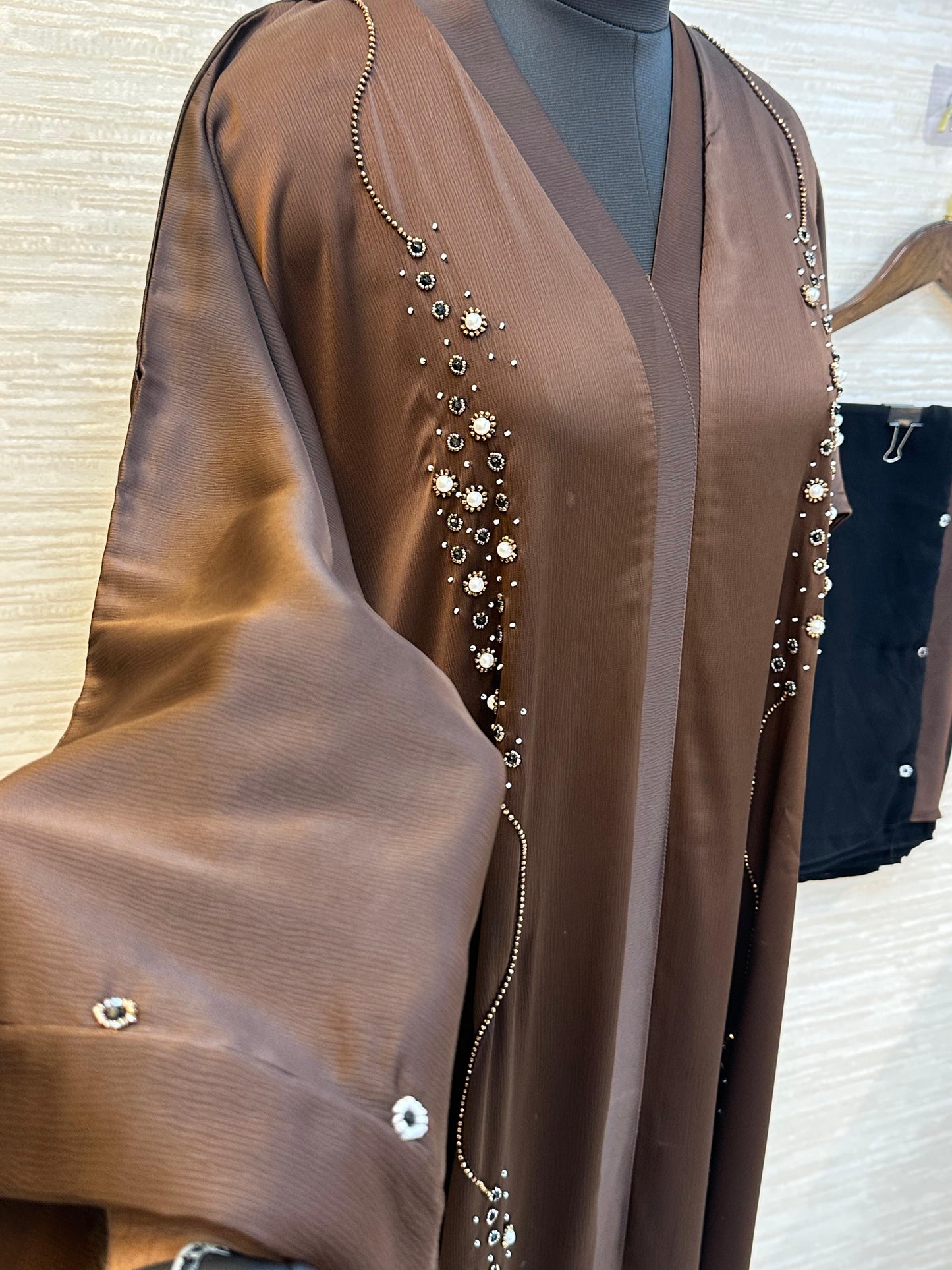 334 Midnight Pearl Embellished Abaya Set - Brown