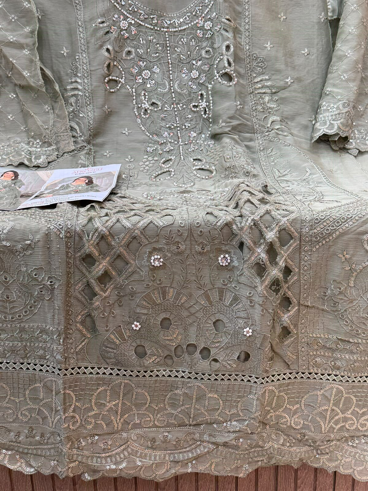 1456 Pakistani Unstitched Partywear - Olive Green
