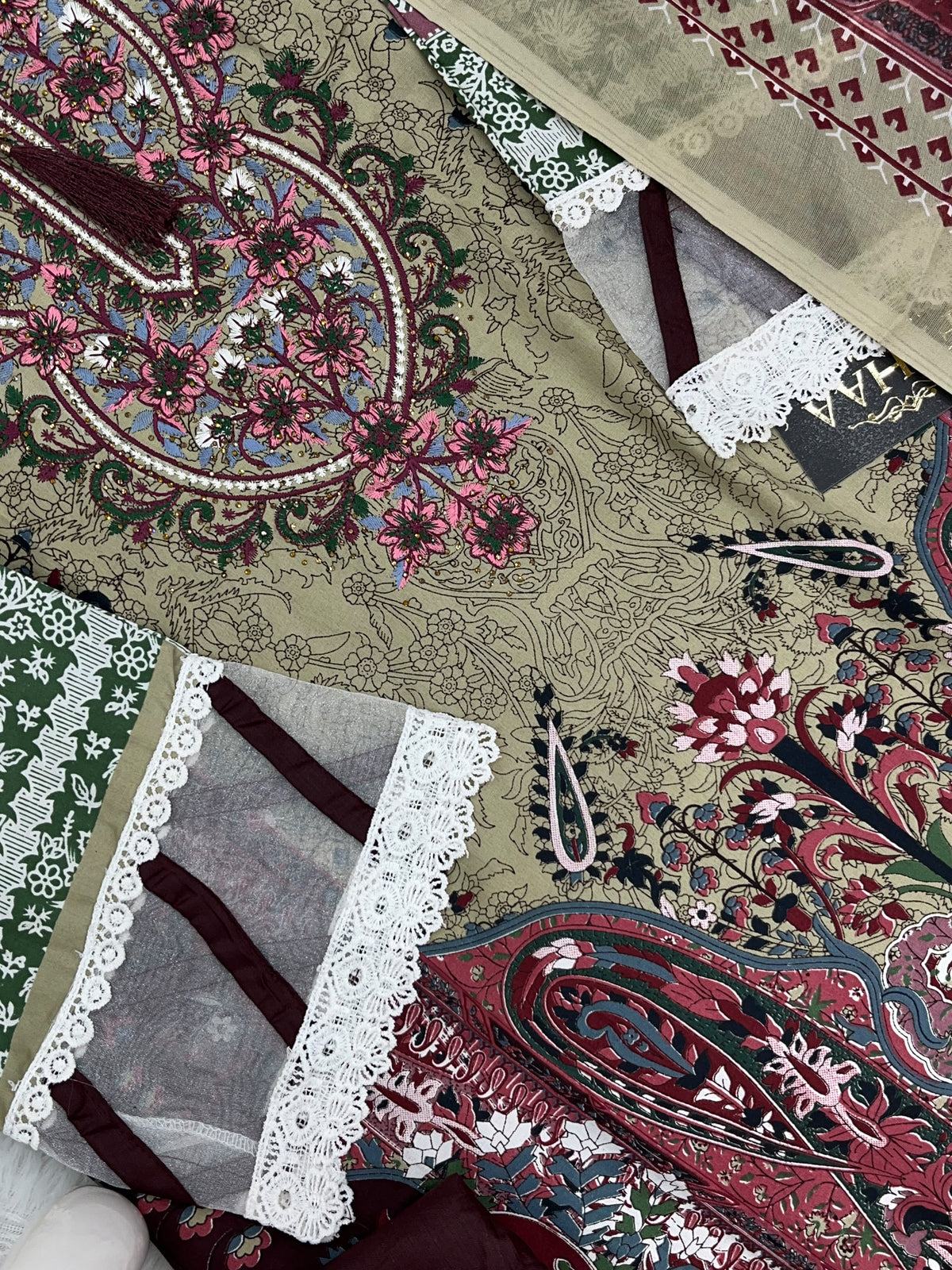 1449 Pakistani Embroidered Suit - Olive Beige
